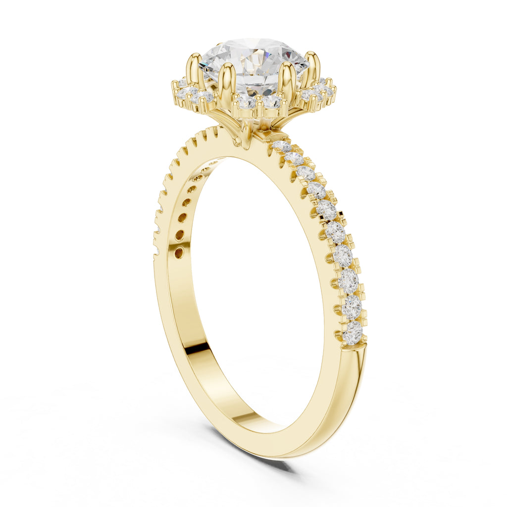 1.00 ct Round Diamond Scalloped Halo Ring 1ct Yellow Gold