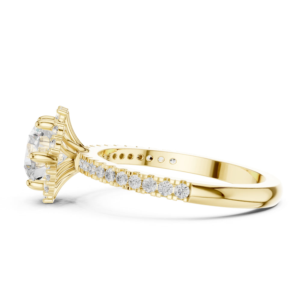 1.00 ct Round Diamond Scalloped Halo Ring 1ct Yellow Gold