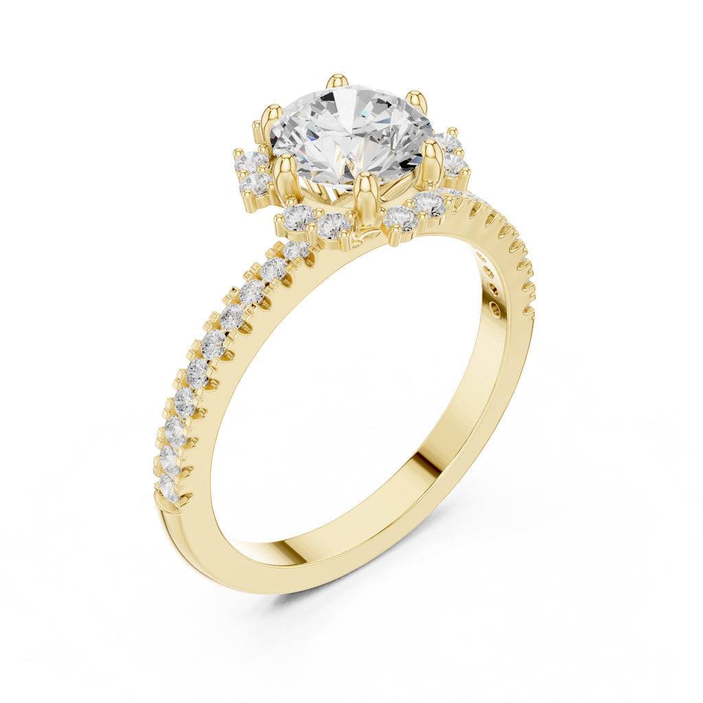 1.00 ct Round Diamond Scalloped Halo Ring 1ct Yellow Gold