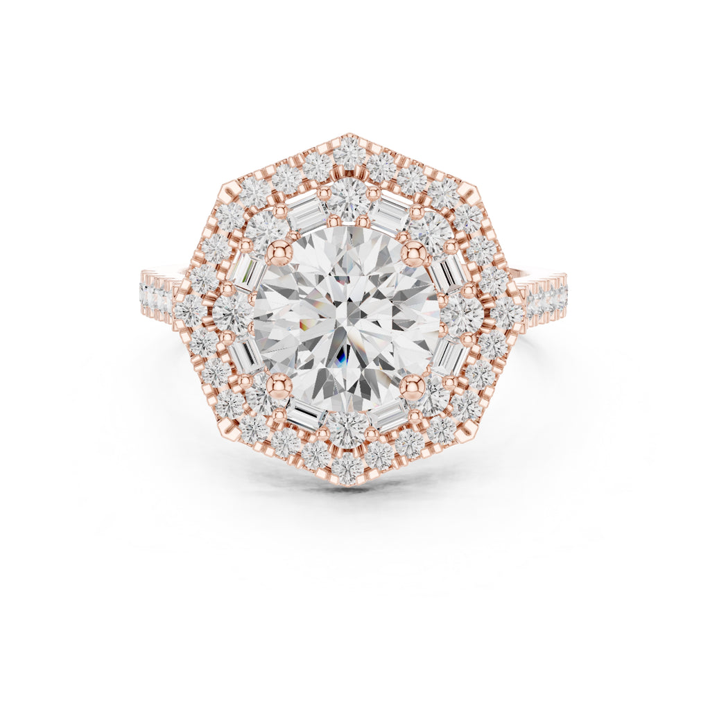 1.50 ct Round Diamond Double Hexagon Halo Ring 1.5ct Rose Gold