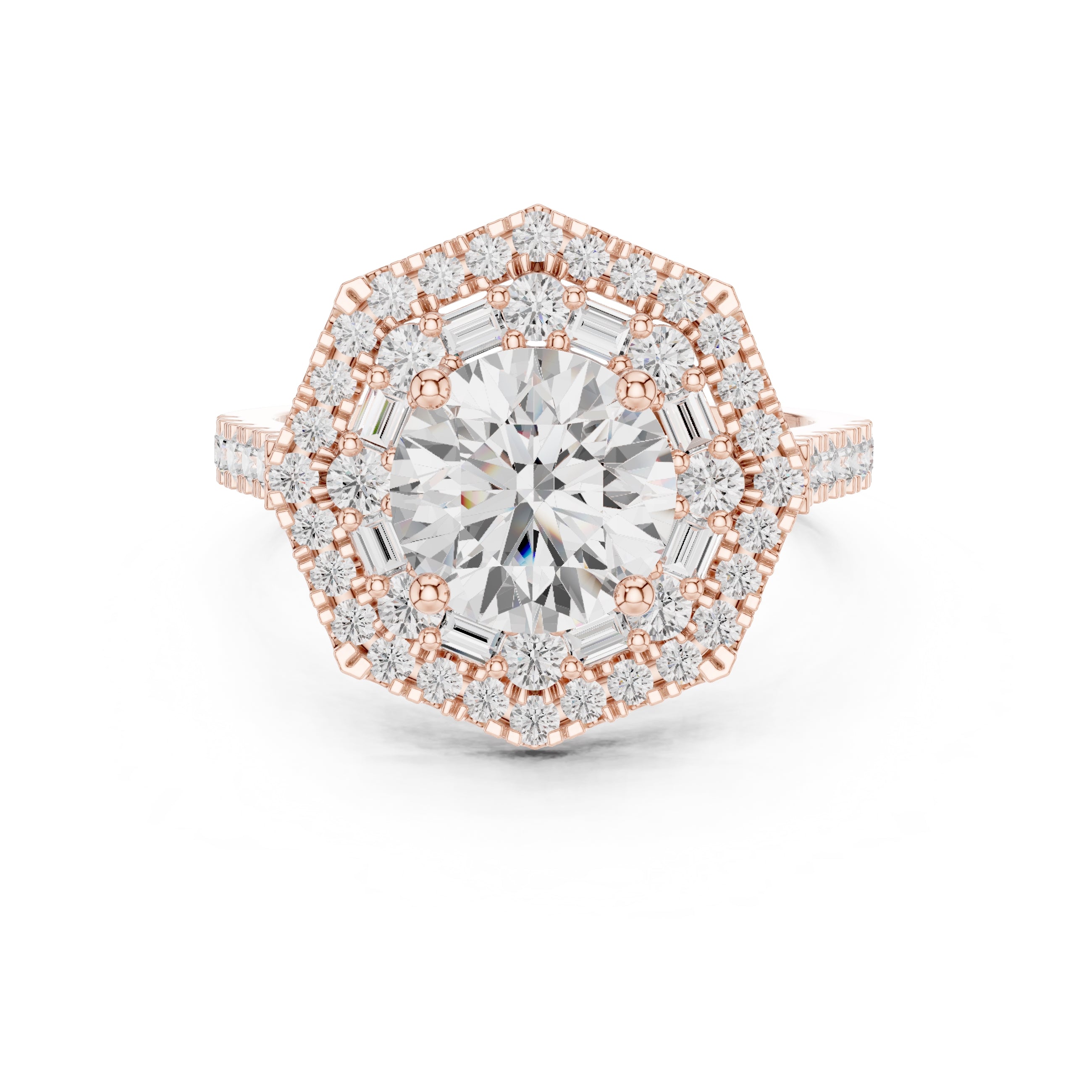 1.50 ct Round Diamond Double Hexagon Halo Ring 1.5ct Rose Gold