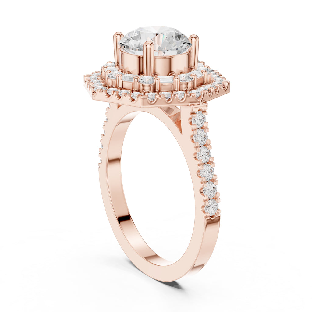 1.50 ct Round Diamond Double Hexagon Halo Ring 1.5ct Rose Gold