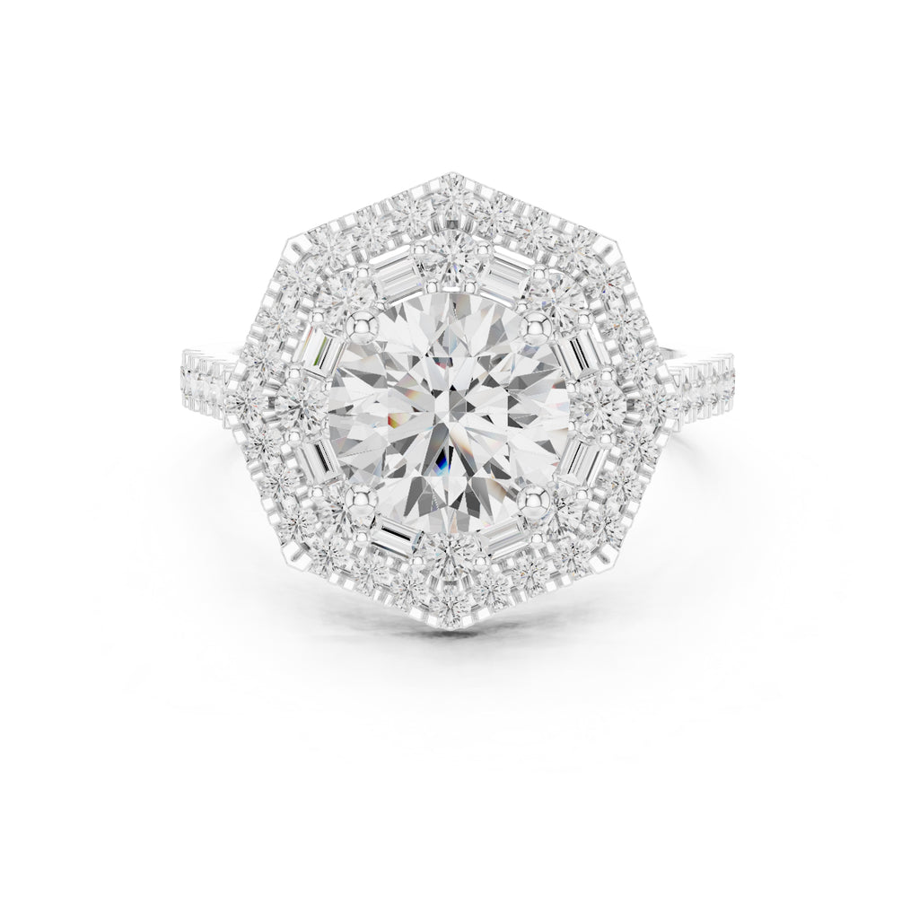 1.50 ct Round Diamond Double Hexagon Halo Ring 1.5ct White Gold