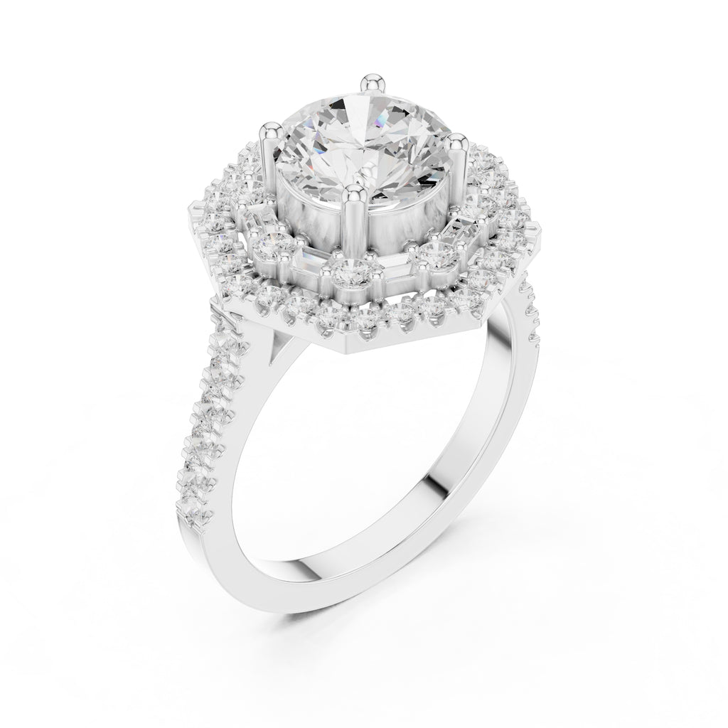 1.50 ct Round Diamond Double Hexagon Halo Ring 1.5ct White Gold