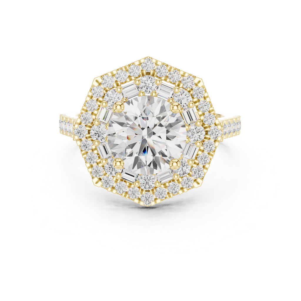 1.50 ct Round Diamond Double Hexagon Halo Ring 1.5ct Yellow Gold