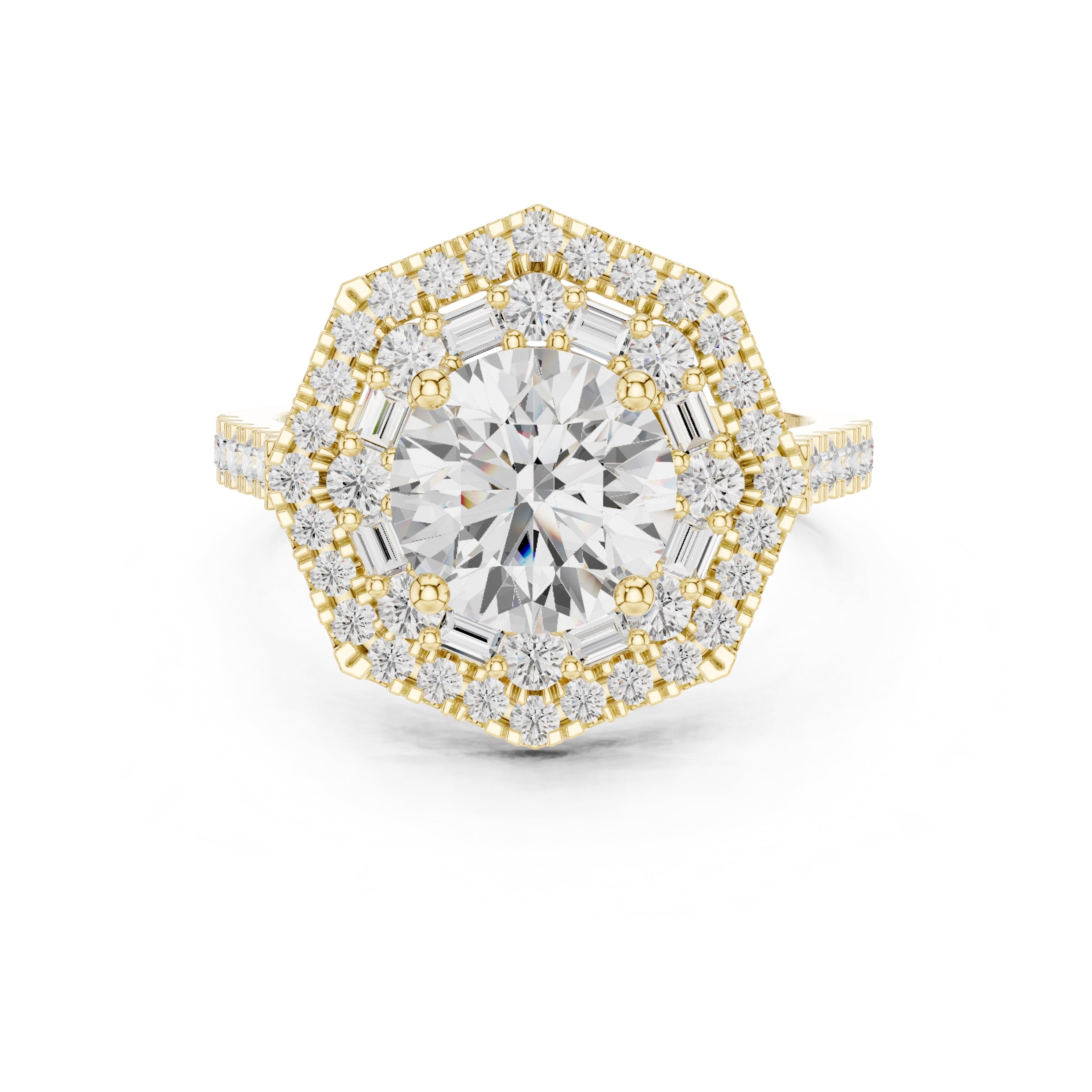 1.50 ct Round Diamond Double Hexagon Halo Ring 1.5ct Yellow Gold