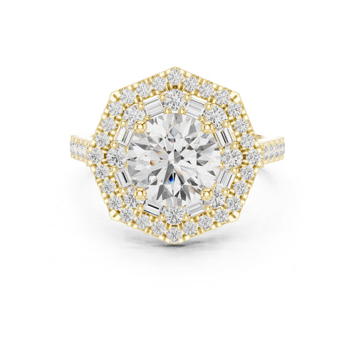 1.50 ct Round Diamond Double Hexagon Halo Ring 1.5ct Yellow Gold