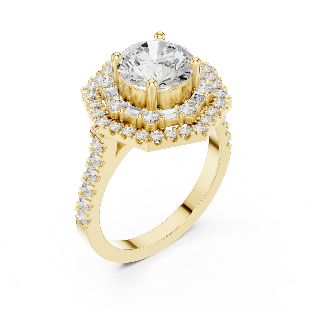 1.50 ct Round Diamond Double Hexagon Halo Ring 1.5ct Yellow Gold