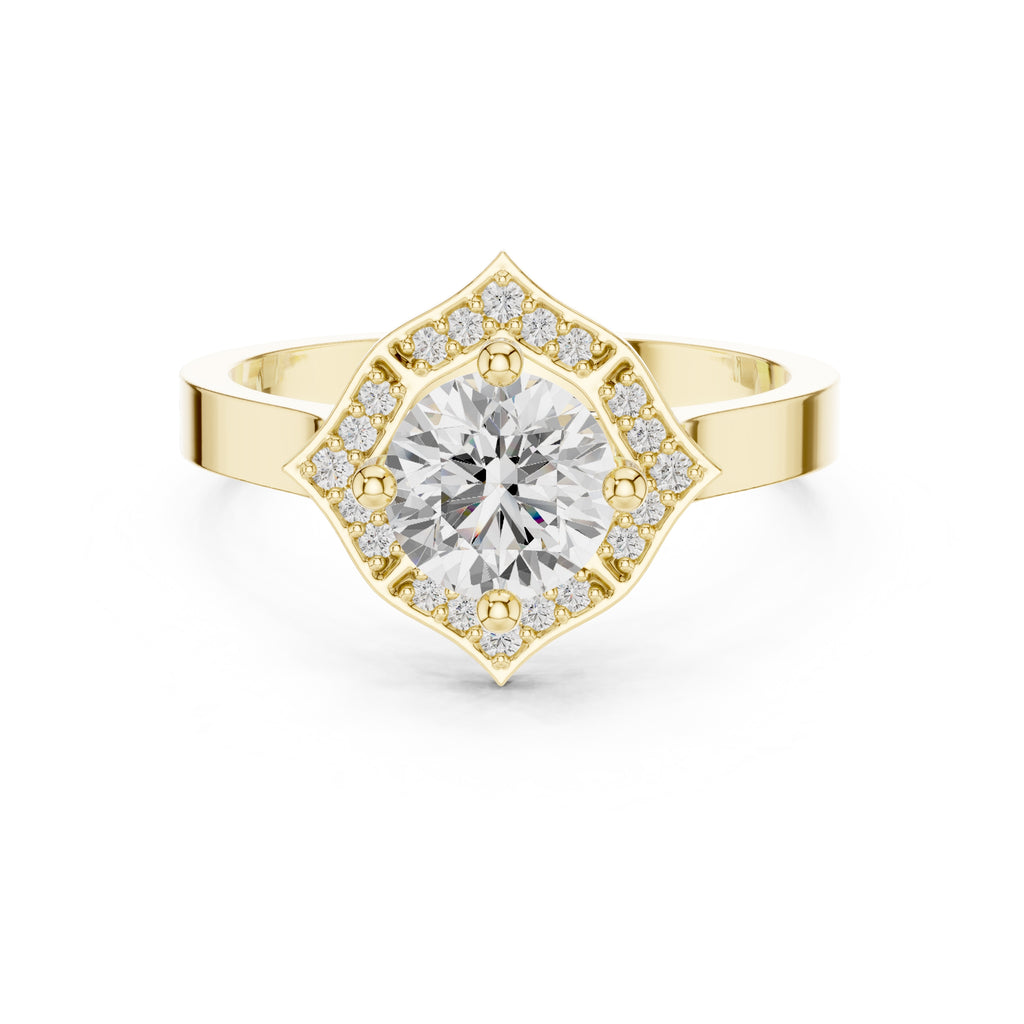 1.00 ct Round Diamond Geometric Halo Ring 1ct Yellow Gold