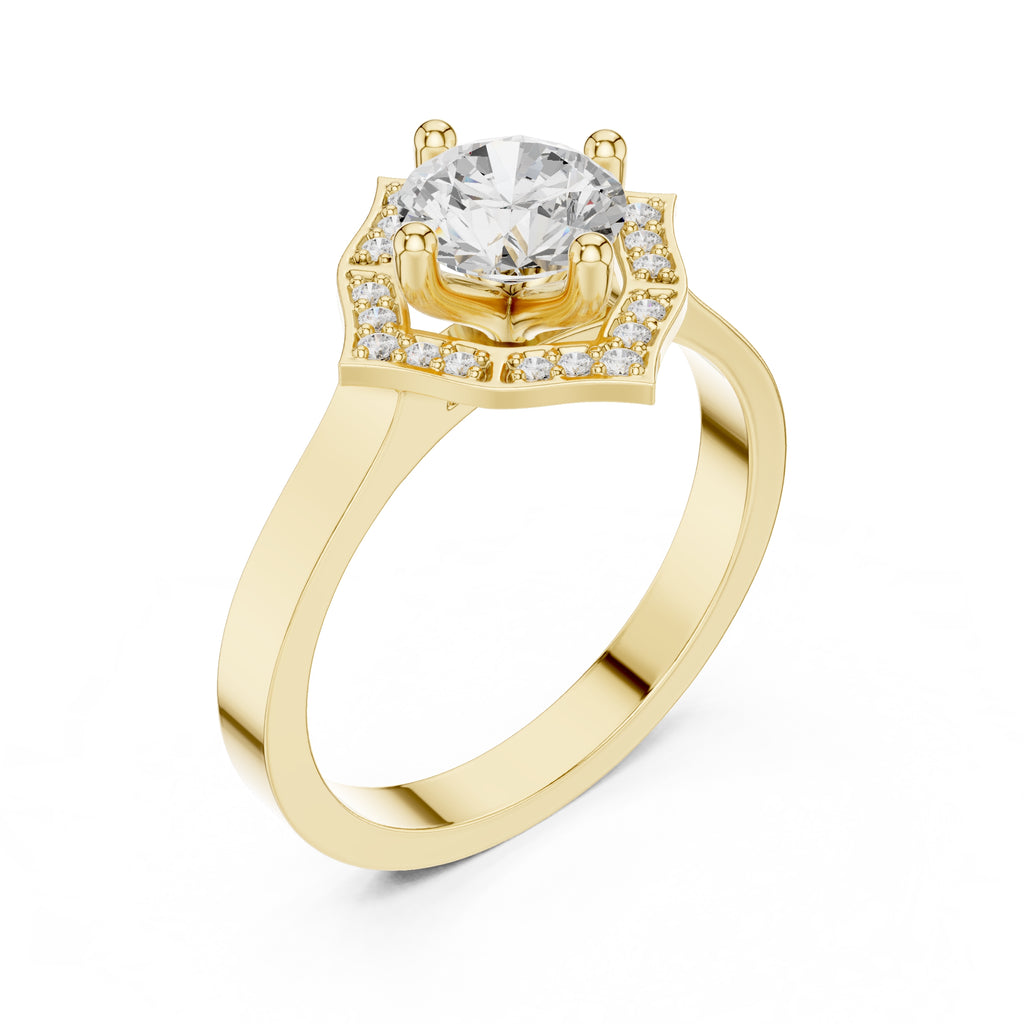 1.00 ct Round Diamond Geometric Halo Ring 1ct Yellow Gold
