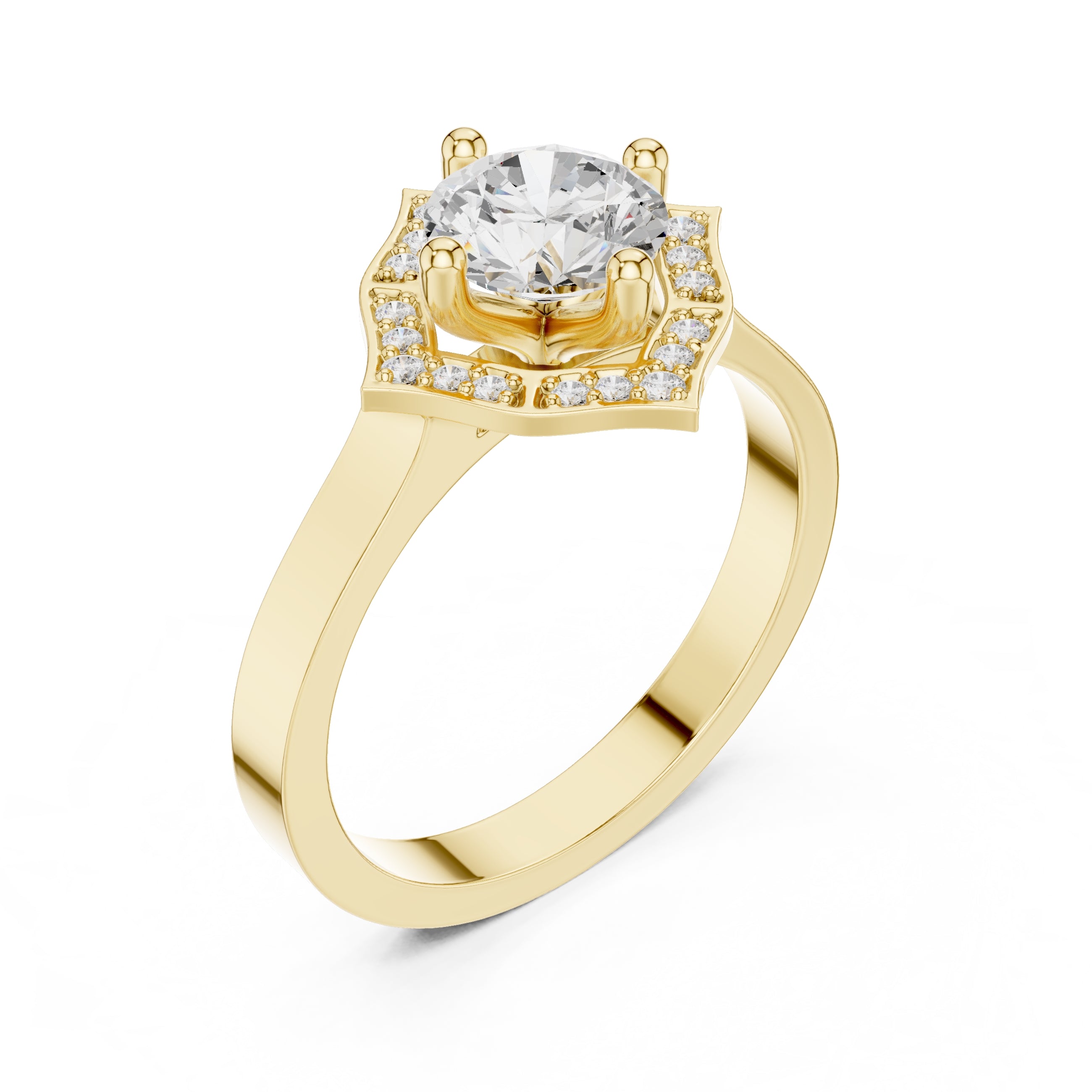 1.00 ct Round Diamond Geometric Halo Ring 1ct Yellow Gold