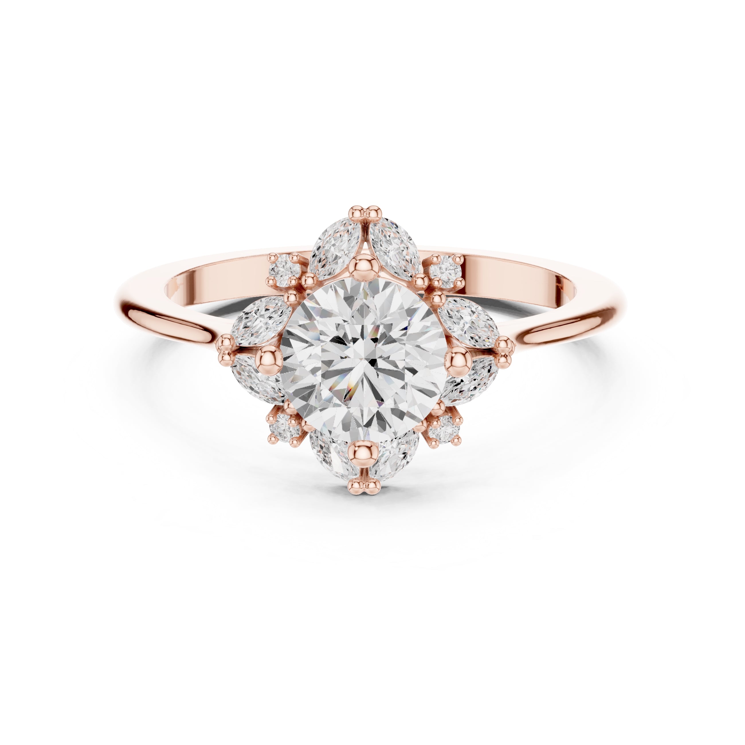 1.00 ct Round Marquise Cluster Engagement Ring 1ct Rose Gold