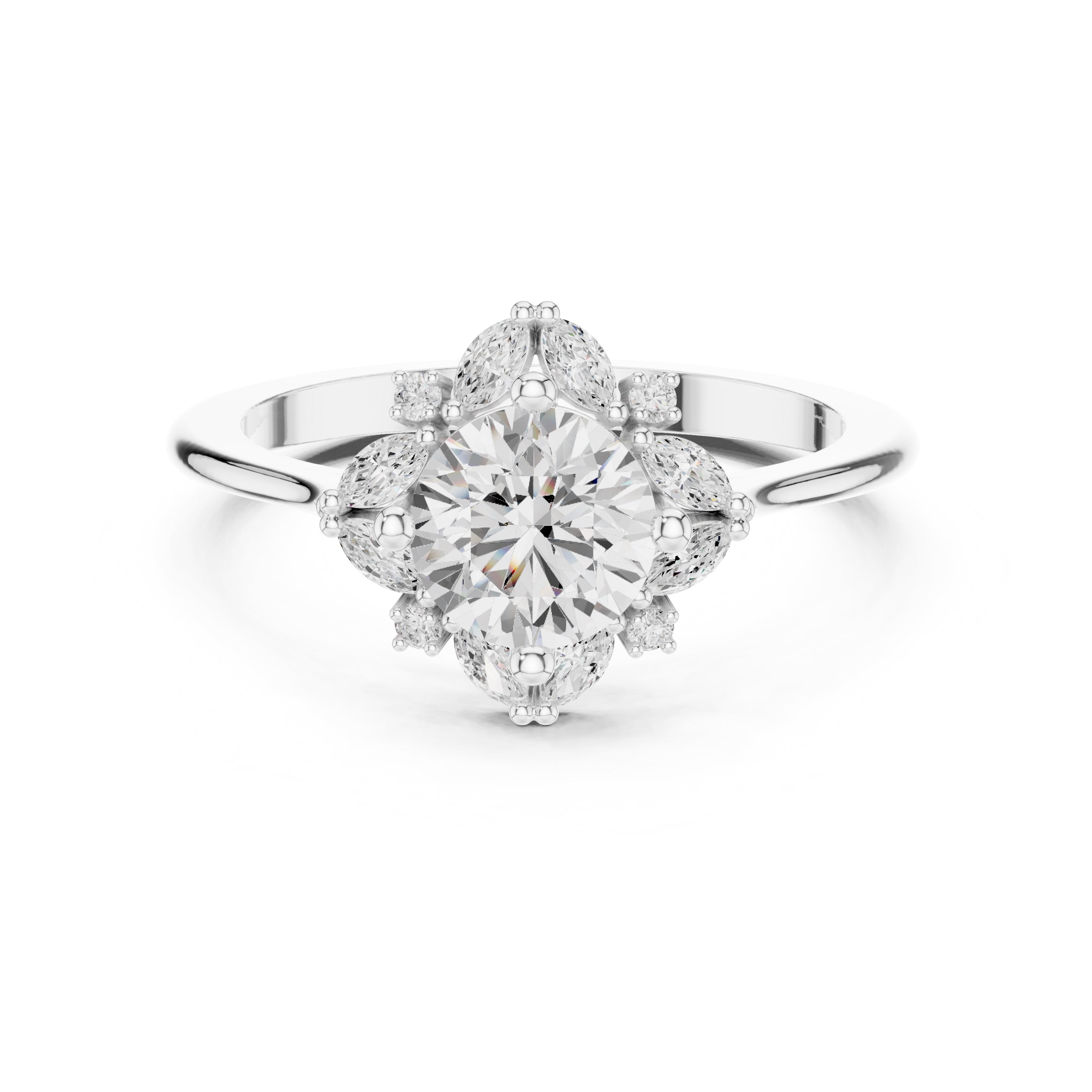 1.00 ct Round Marquise Cluster Engagement Ring 1ct White Gold