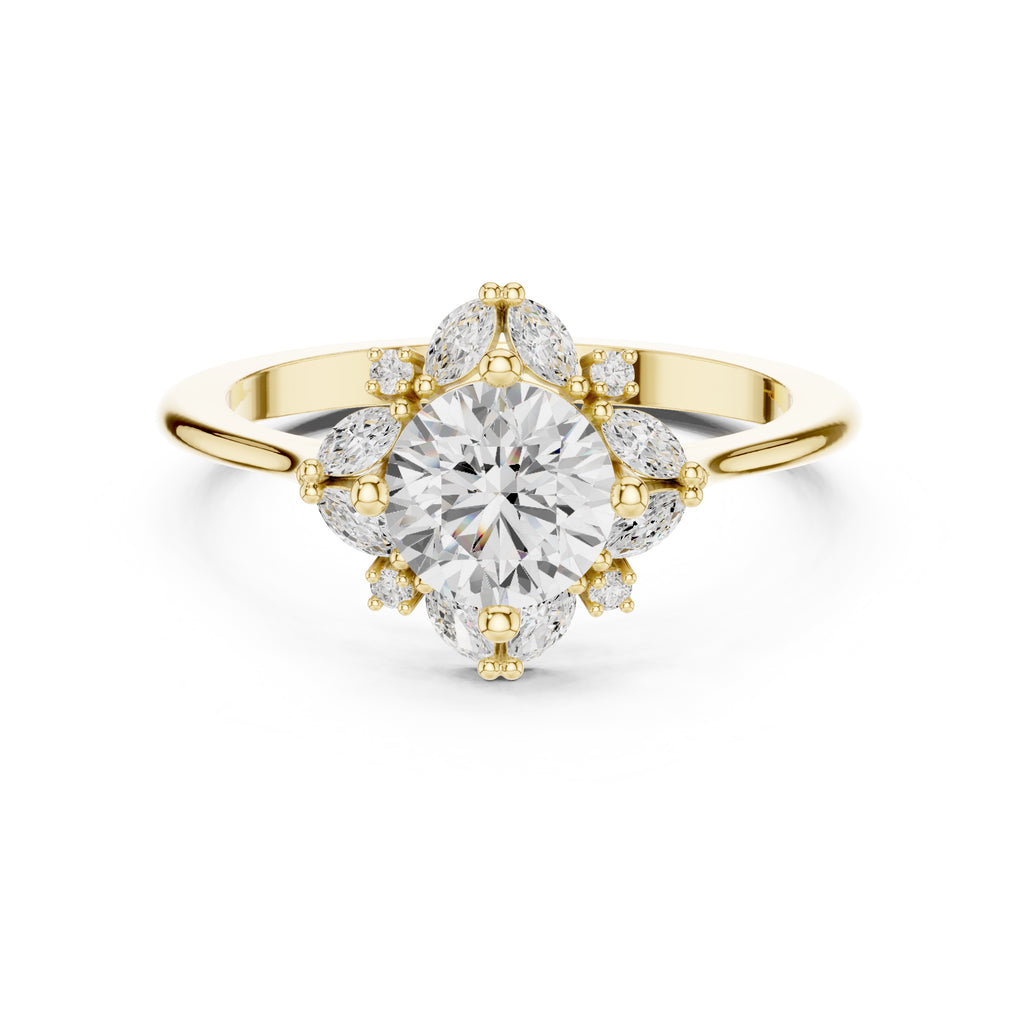 1.00 ct Round Marquise Cluster Engagement Ring 1ct Yellow Gold