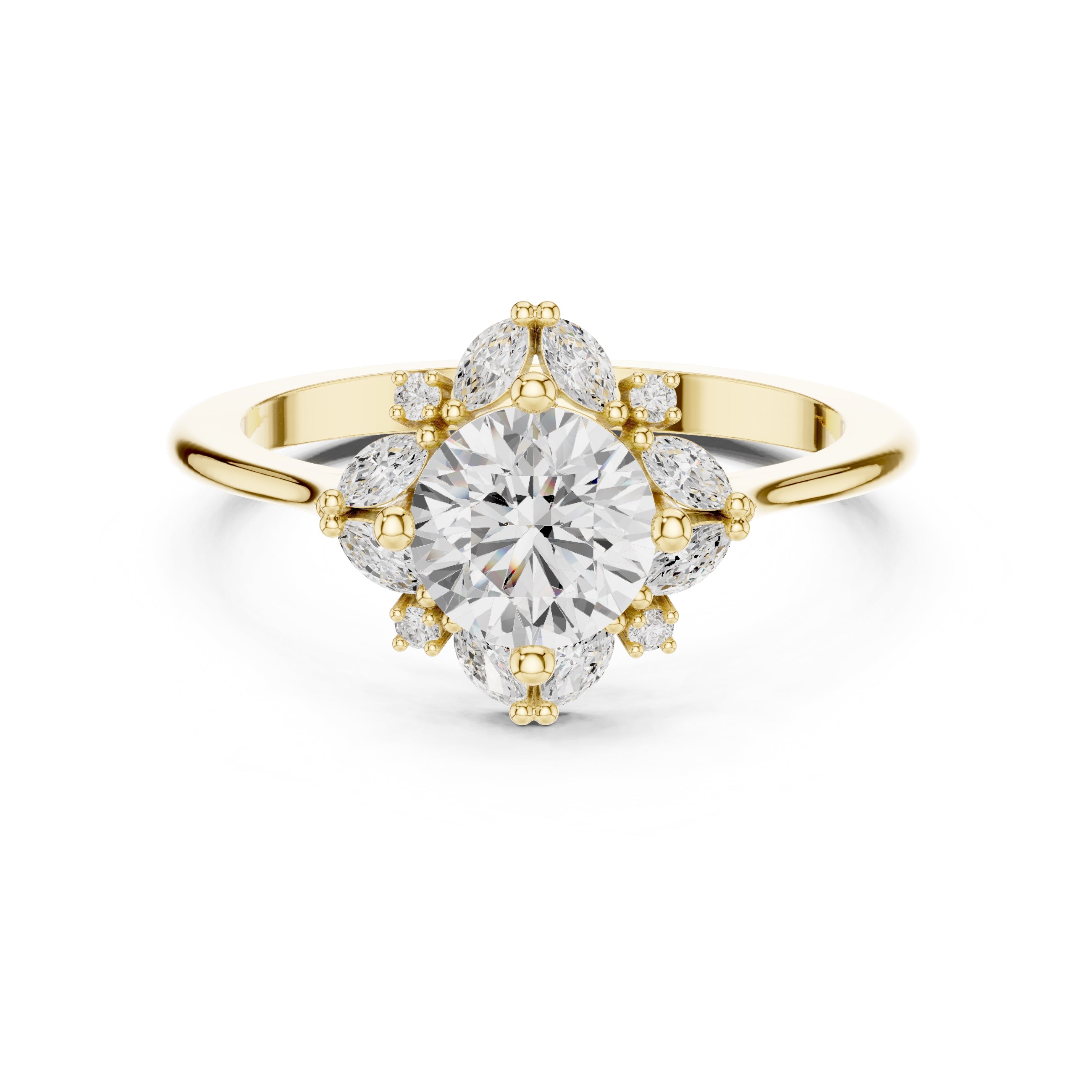 1.00 ct Round Marquise Cluster Engagement Ring 1ct Yellow Gold