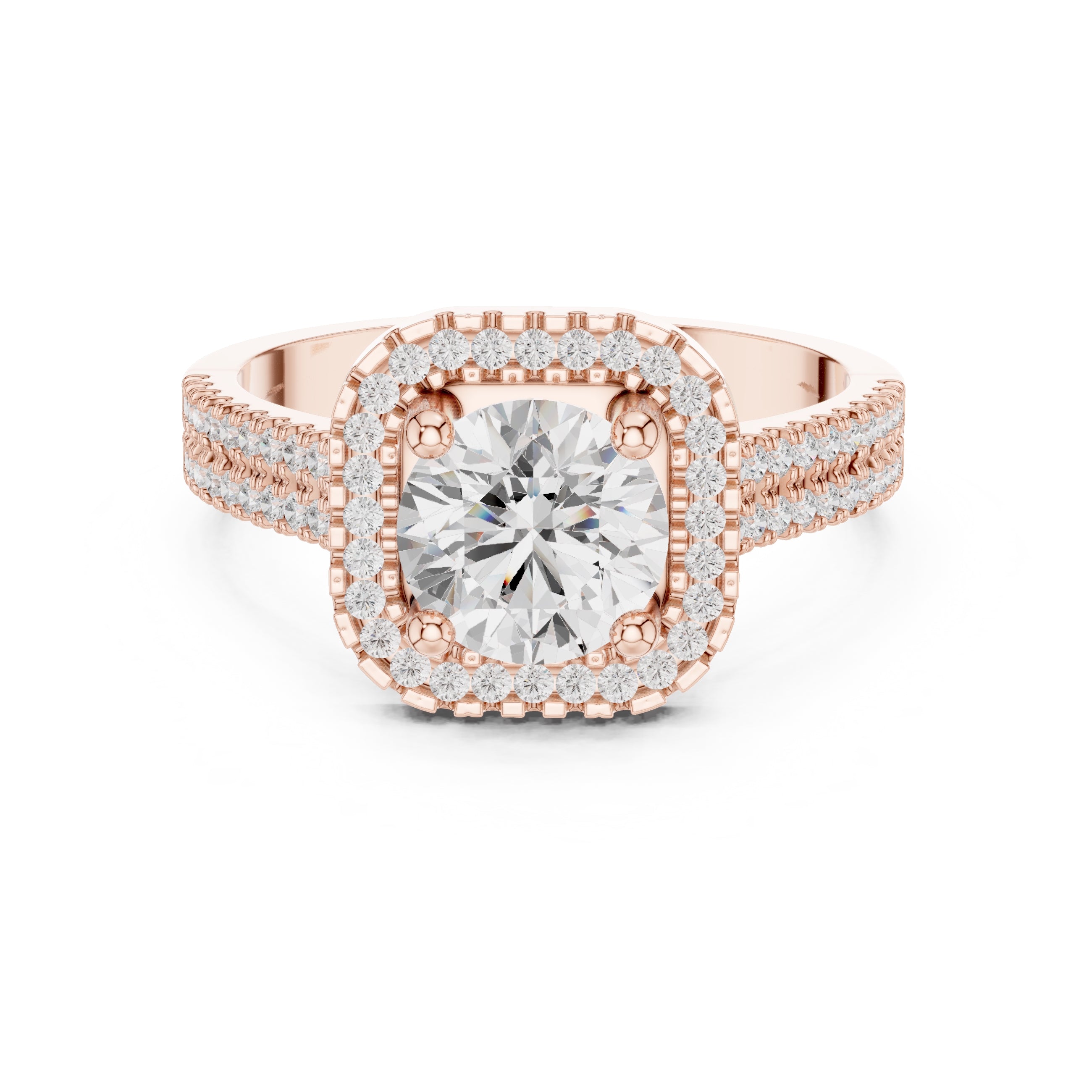 1.00 ct Round Double-Row Pave Halo Engagement Ring 1ct Rose Gold