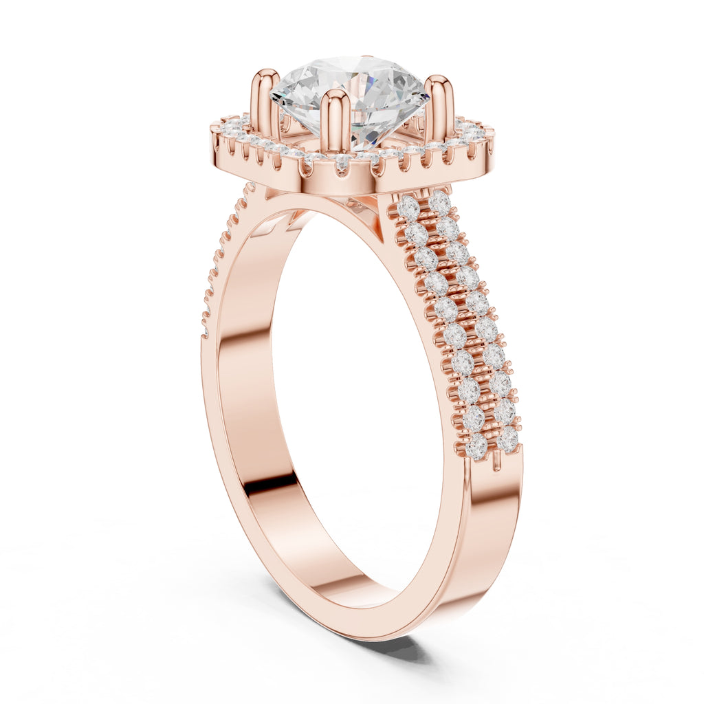 1.00 ct Round Double-Row Pave Halo Engagement Ring 1ct Rose Gold