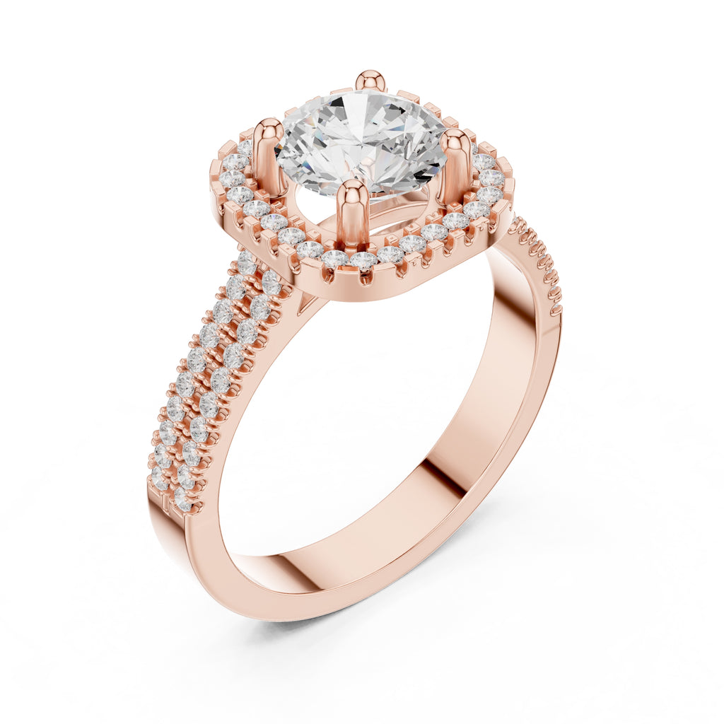 1.00 ct Round Double-Row Pave Halo Engagement Ring 1ct Rose Gold