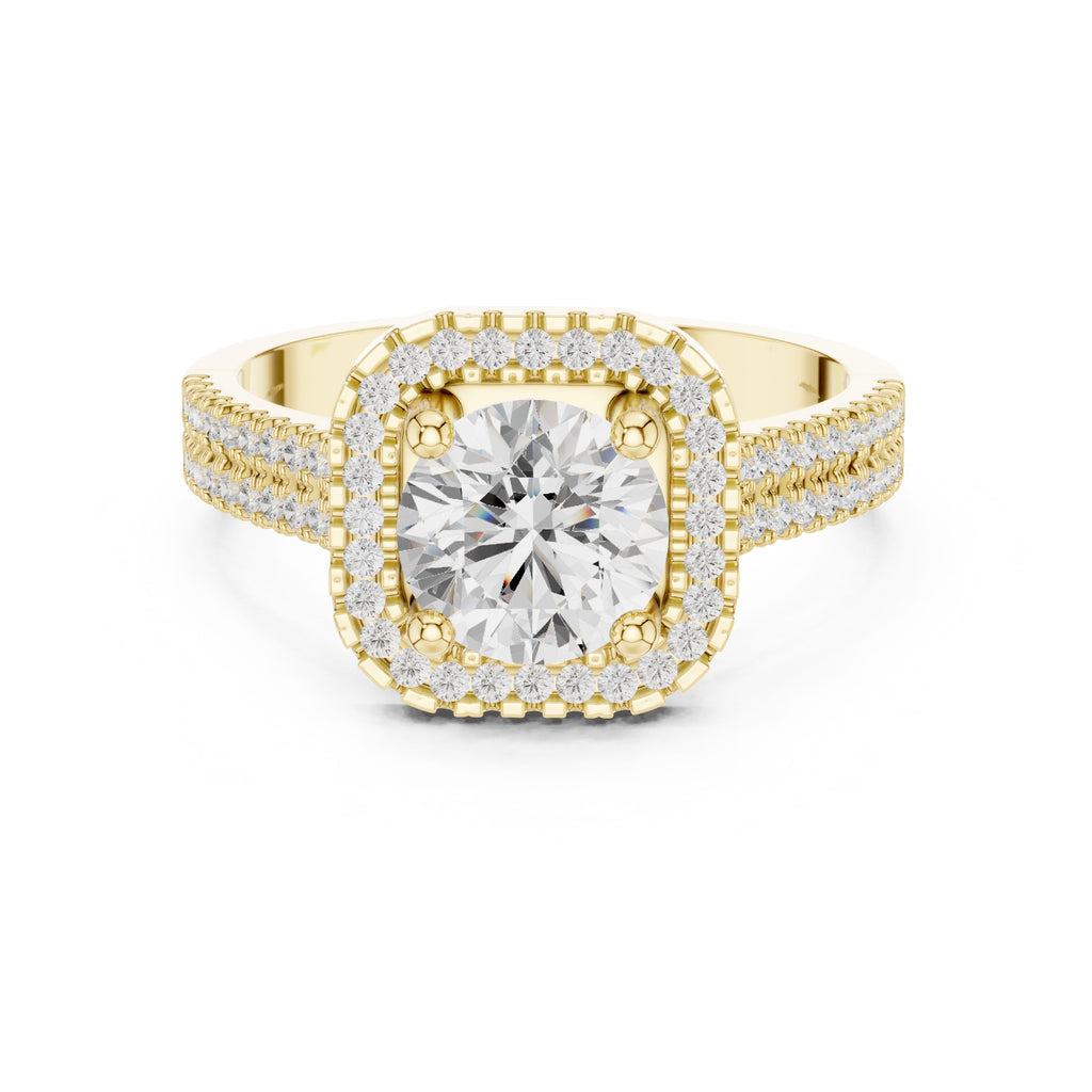 1.00 ct Round Double-Row Pave Halo Engagement Ring 1ct Yellow Gold
