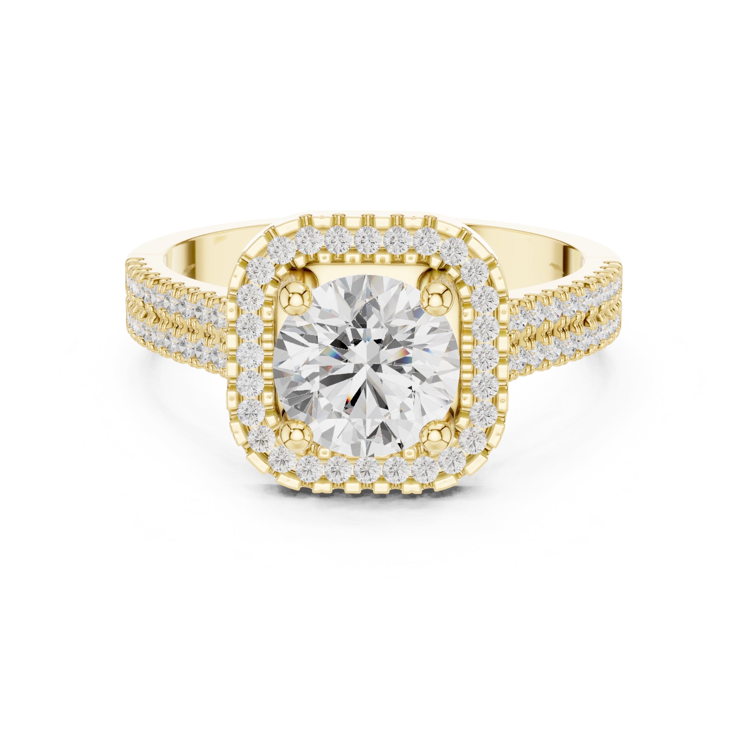 1.00 ct Round Double-Row Pave Halo Engagement Ring 1ct Yellow Gold