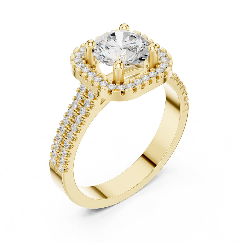 1.00 ct Round Double-Row Pave Halo Engagement Ring 1ct Yellow Gold