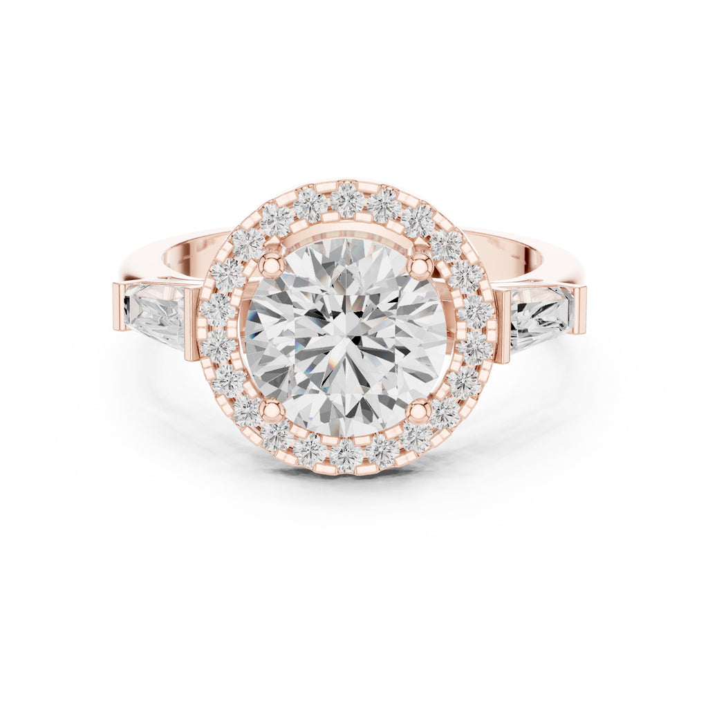 2.00 ct Round Diamond Baguette Halo Ring 2ct Rose Gold