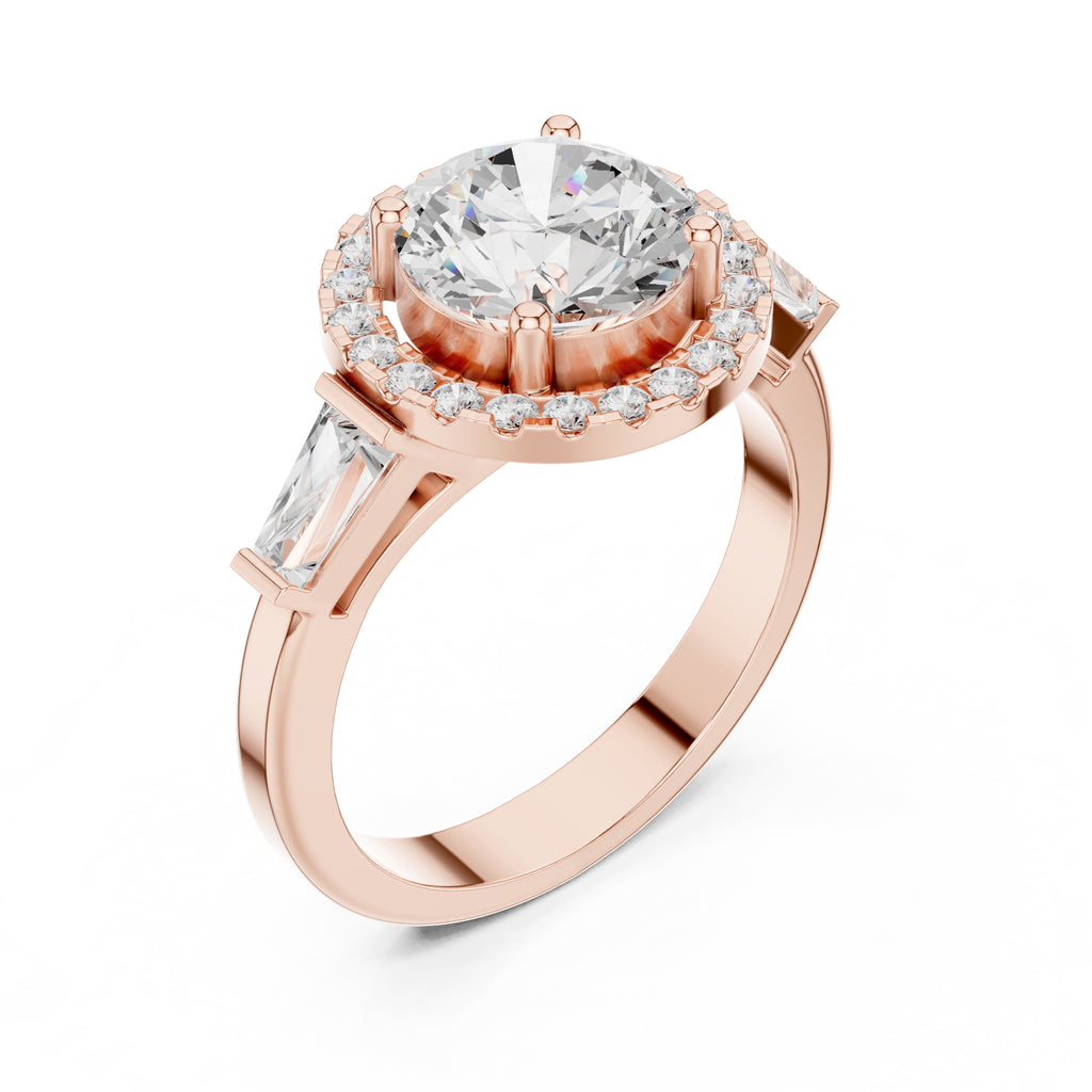 2.00 ct Round Diamond Baguette Halo Ring 2ct Rose Gold