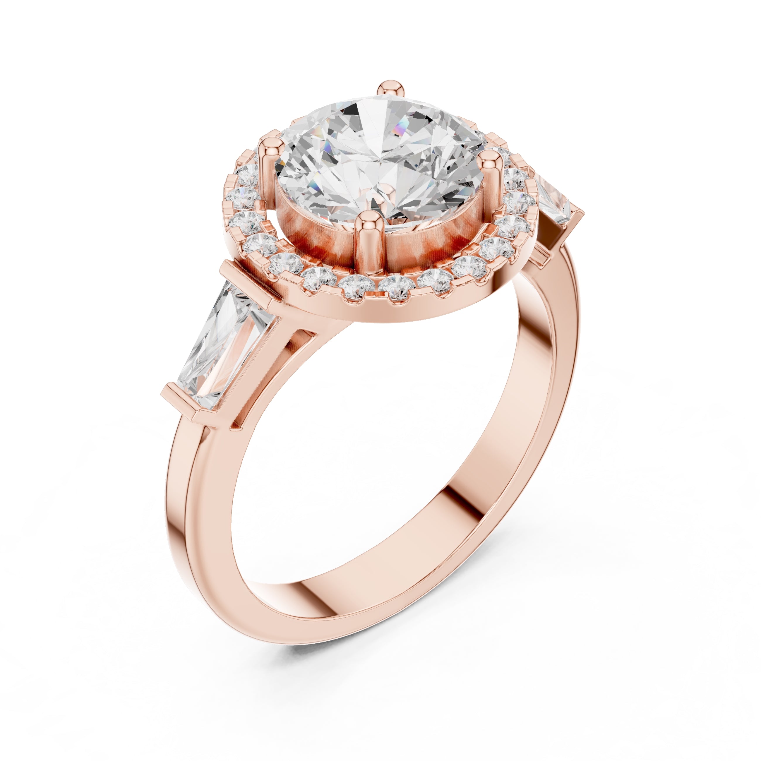 2.00 ct Round Diamond Baguette Halo Ring 2ct Rose Gold