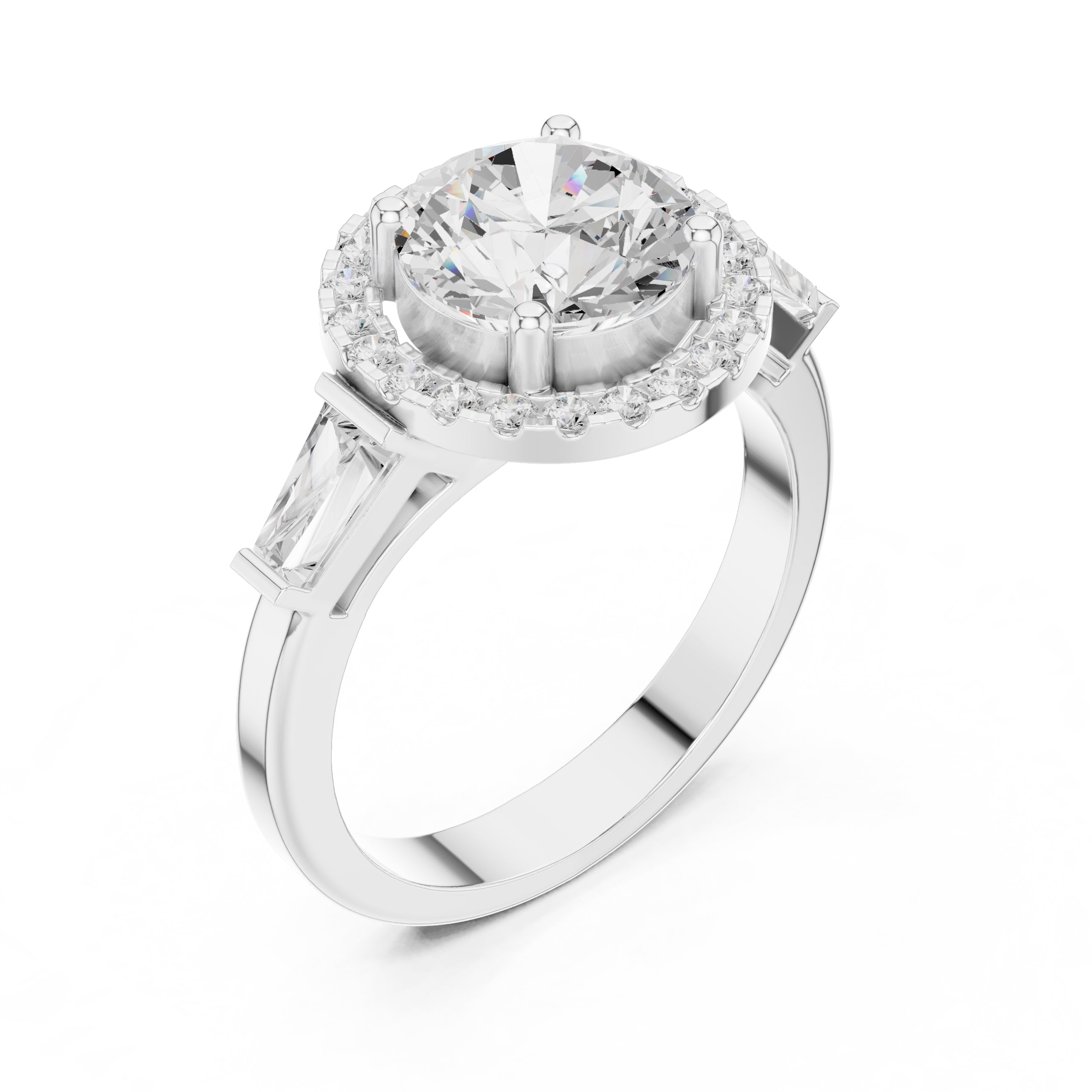 2.00 ct Round Diamond Baguette Halo Ring 2ct White Gold