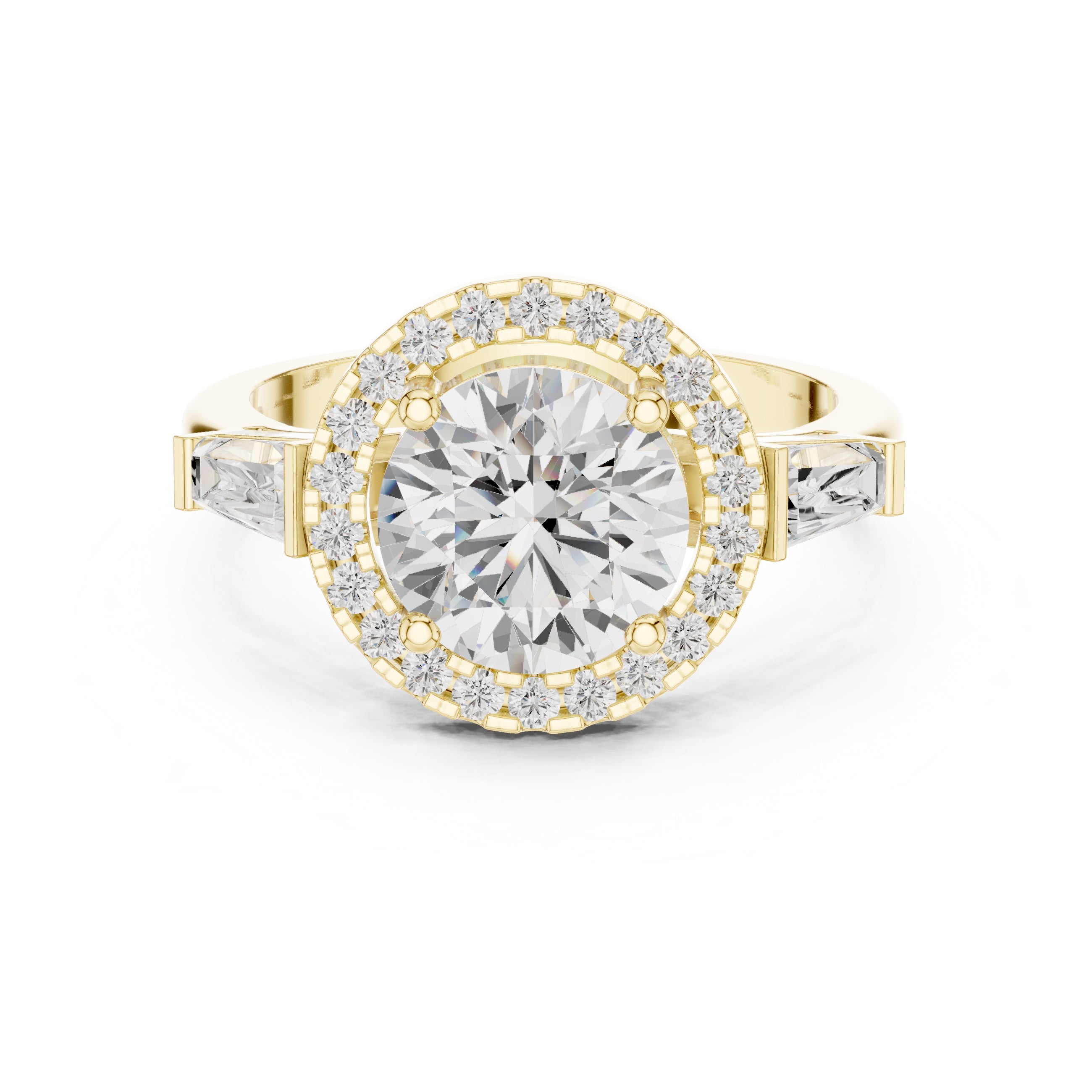 2.00 ct Round Diamond Baguette Halo Ring 2ct Yellow Gold
