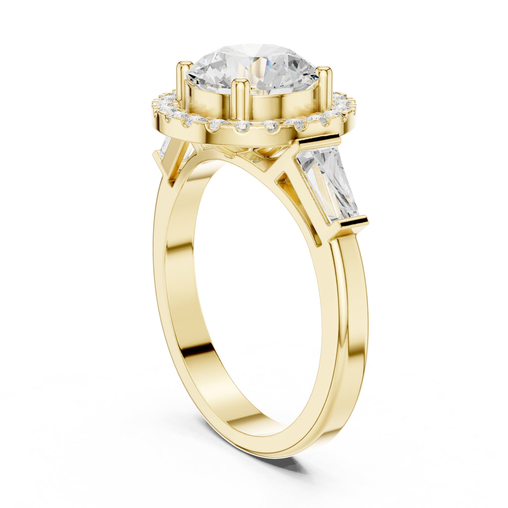 2.00 ct Round Diamond Baguette Halo Ring 2ct Yellow Gold