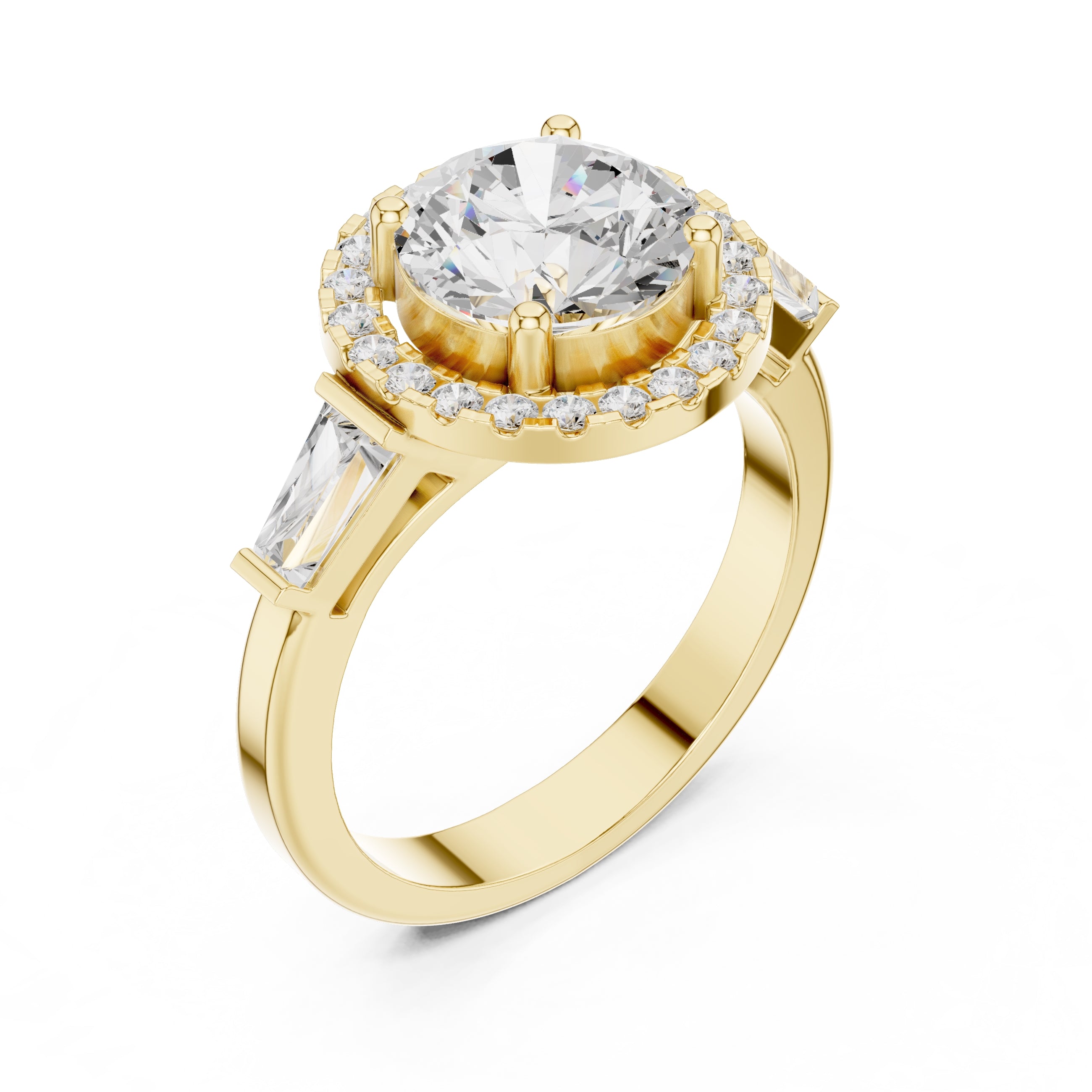 2.00 ct Round Diamond Baguette Halo Ring 2ct Yellow Gold