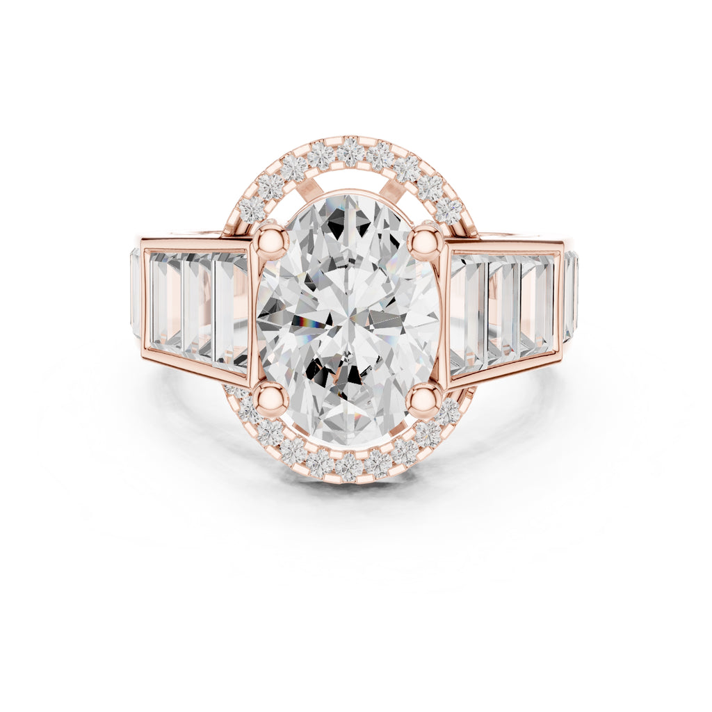 Oval Diamond Baguette Halo Ring 3.5ct Rose Gold