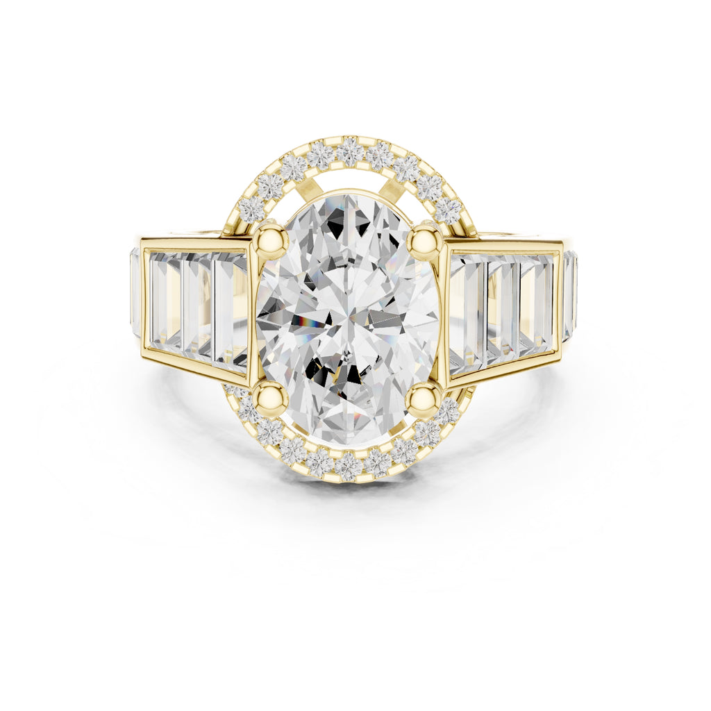 Oval Diamond Baguette Halo Ring 3.5ct Yellow Gold