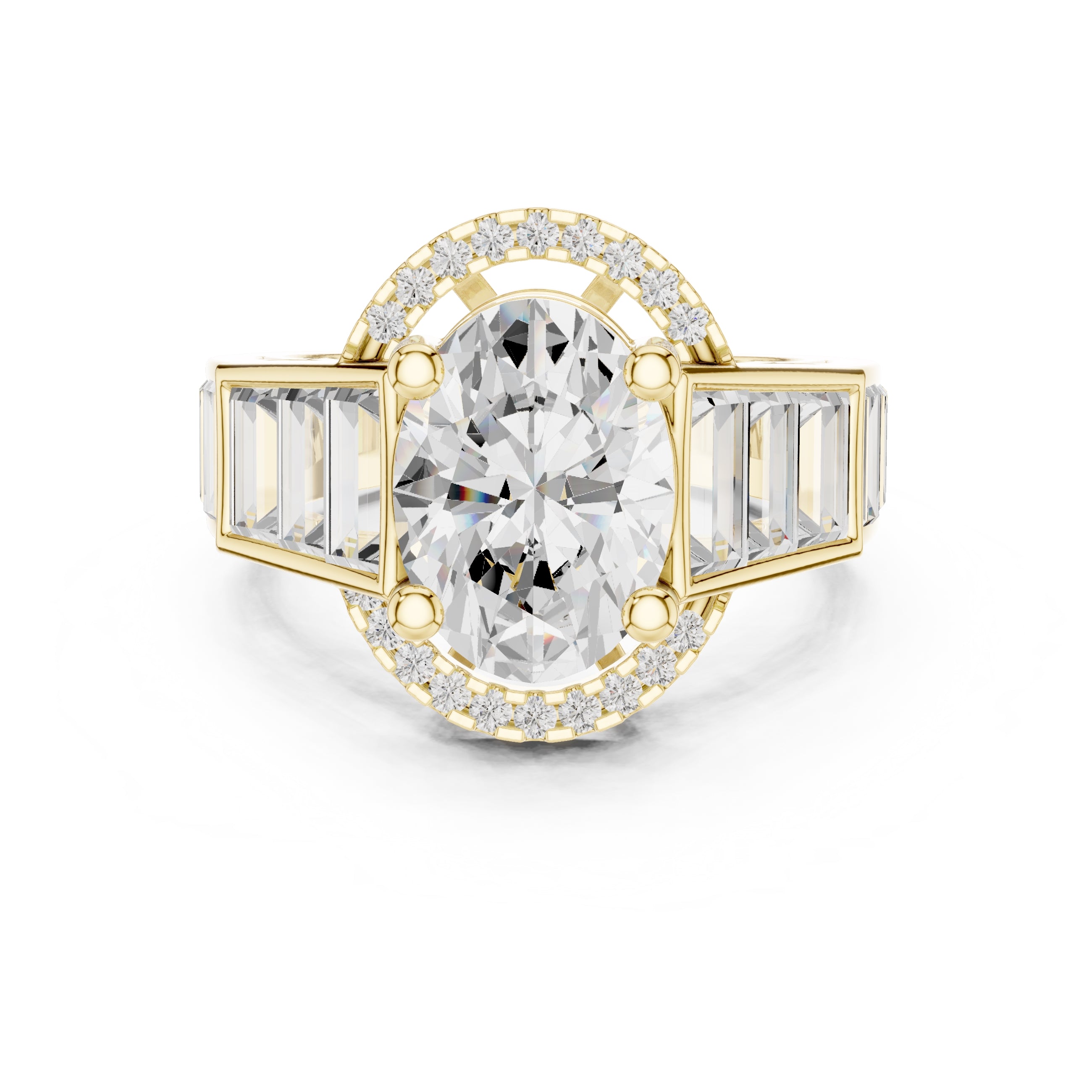 Oval Diamond Baguette Halo Ring 3.5ct Yellow Gold