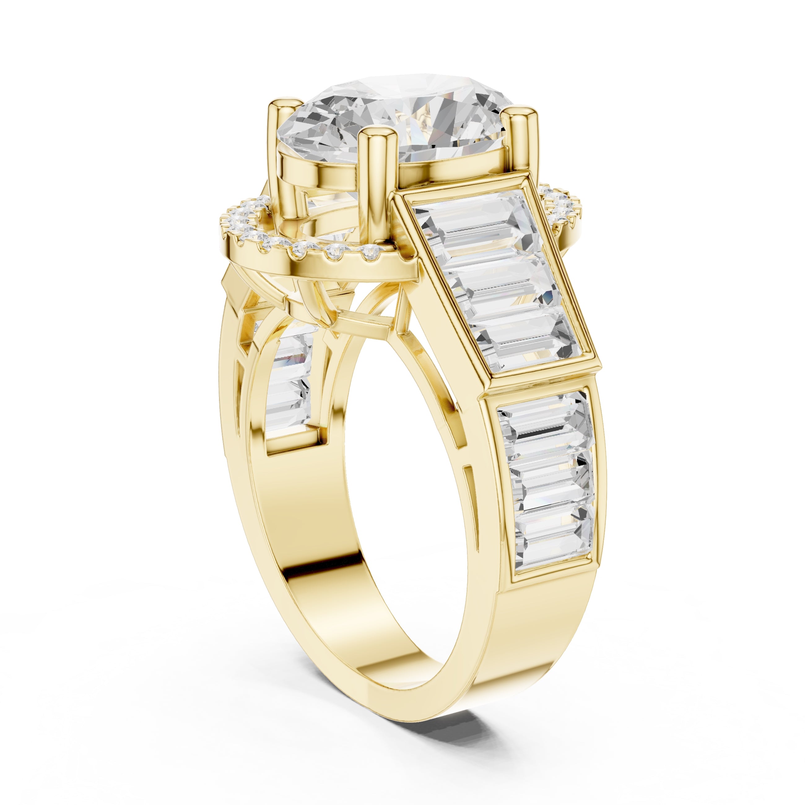 Oval Diamond Baguette Halo Ring 3.5ct Yellow Gold