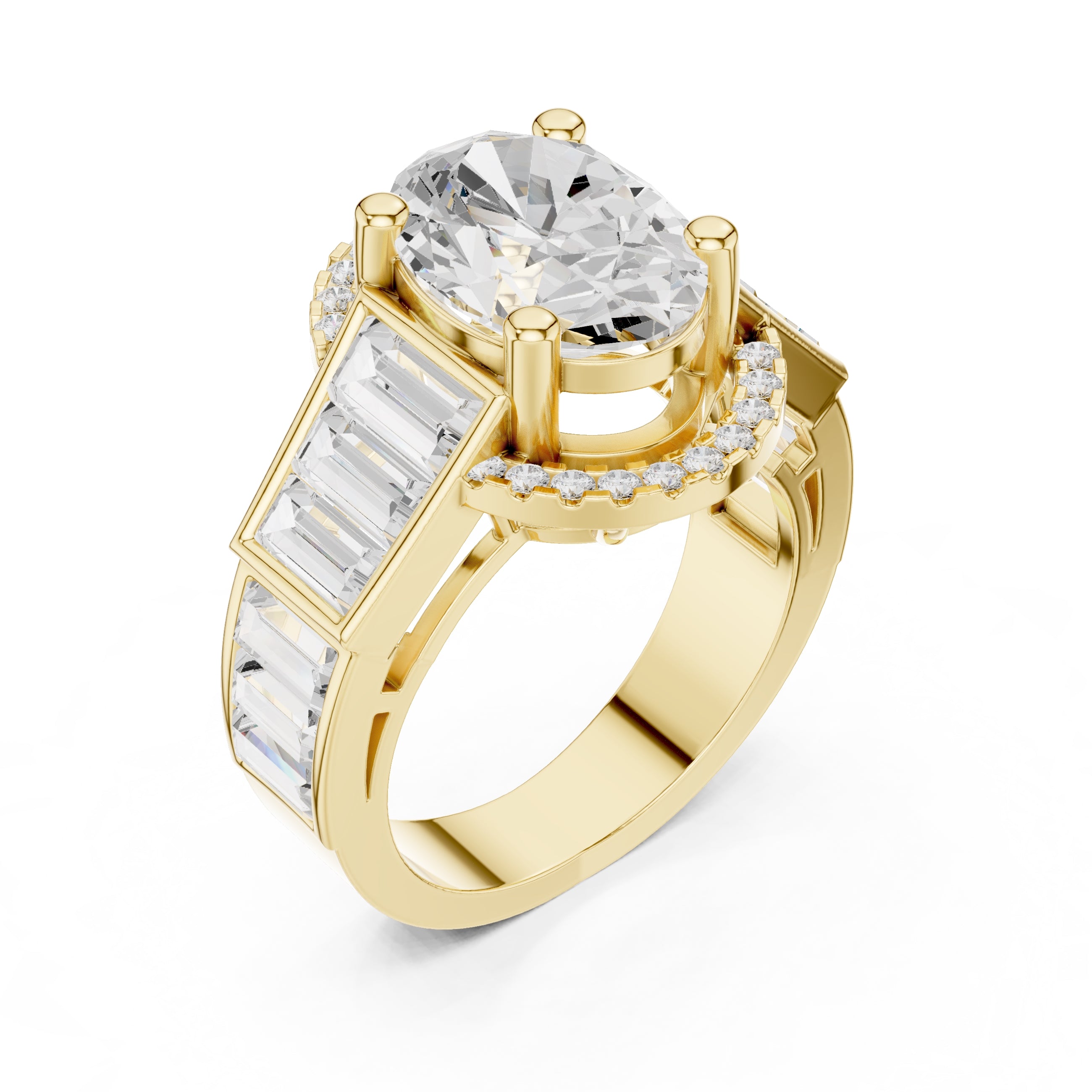 Oval Diamond Baguette Halo Ring 3.5ct Yellow Gold