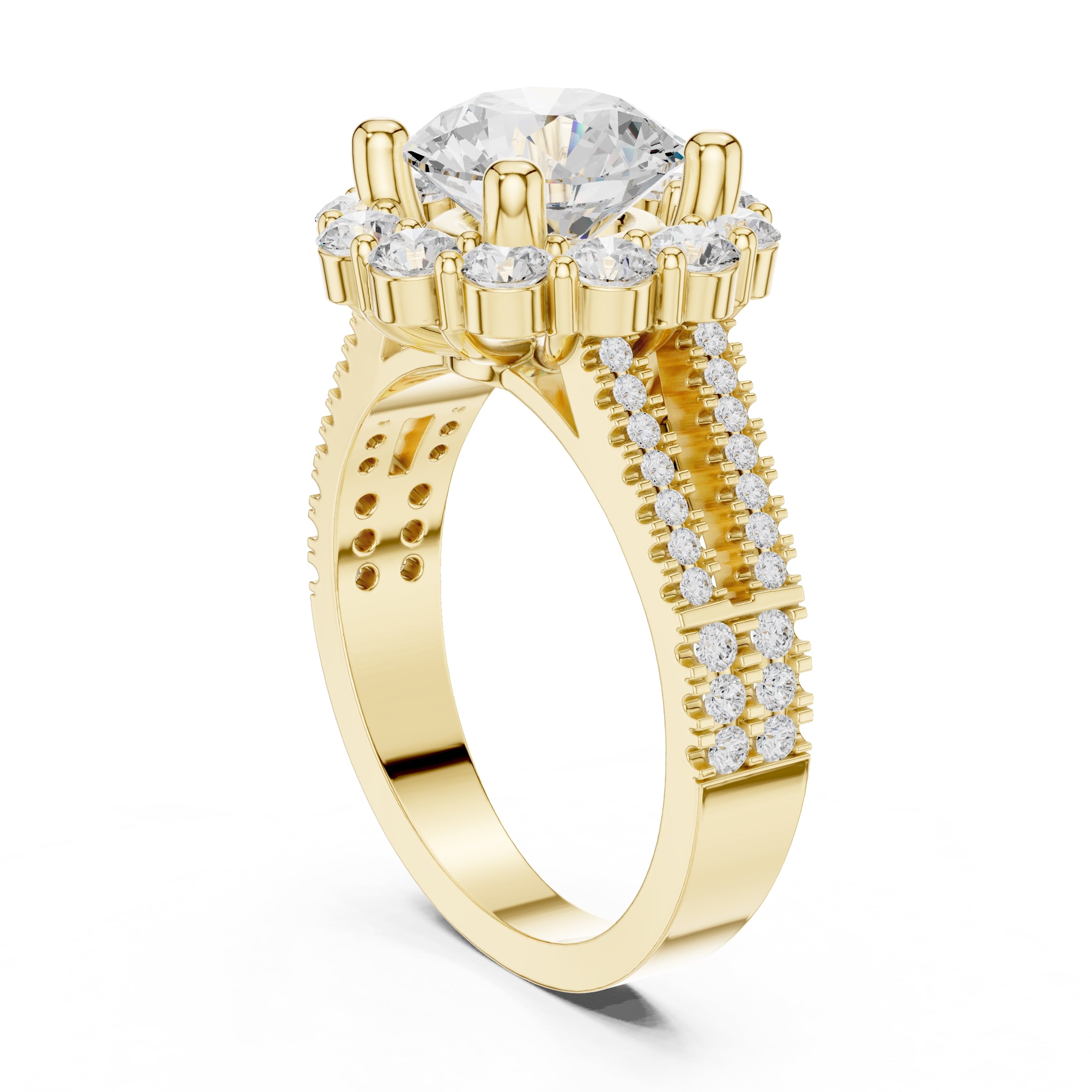2.10 ct Round Diamond Cluster Halo Ring 2.1ct Yellow Gold