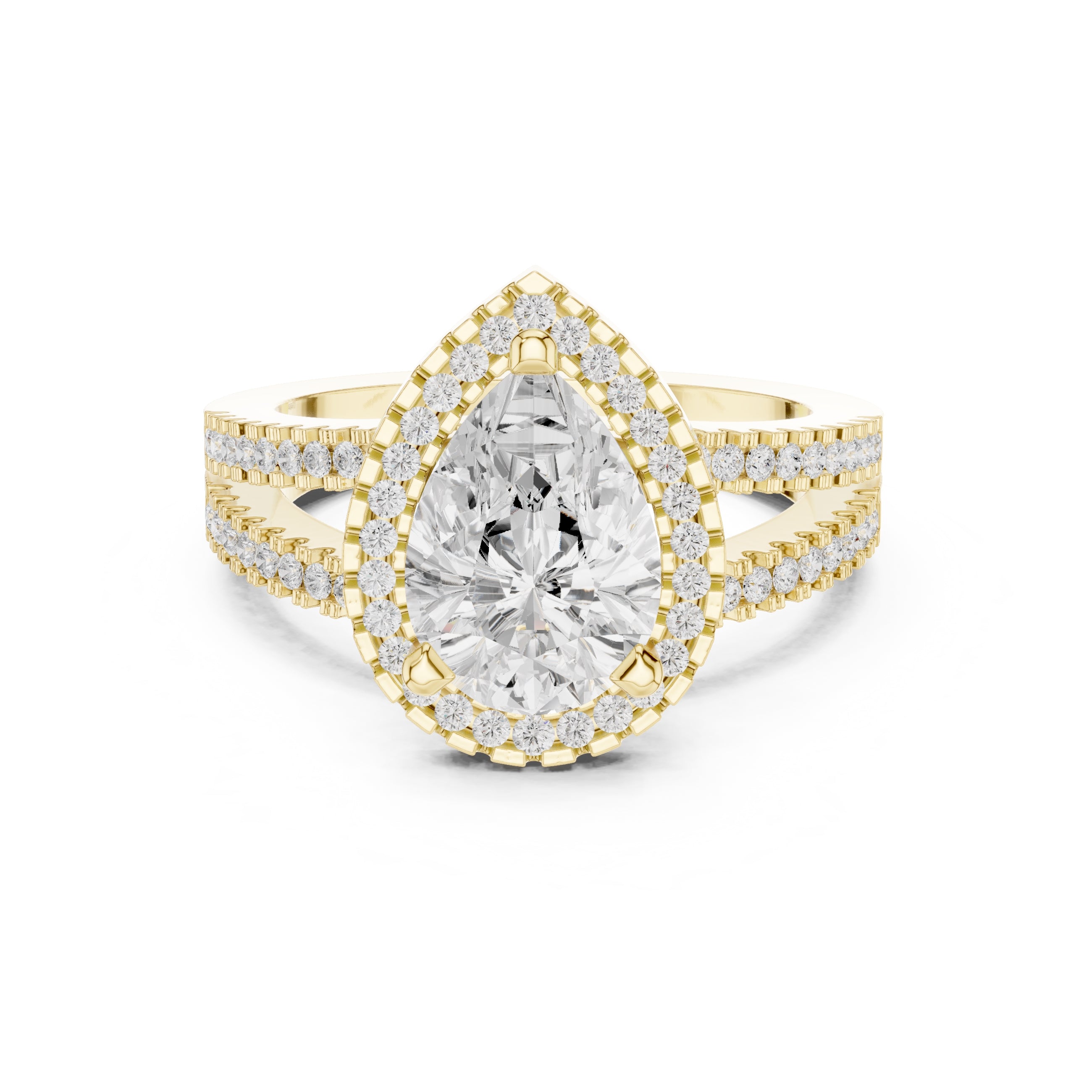 1.81 ct Pear Diamond Split-Shank Halo Ring 1.81ct Yellow Gold