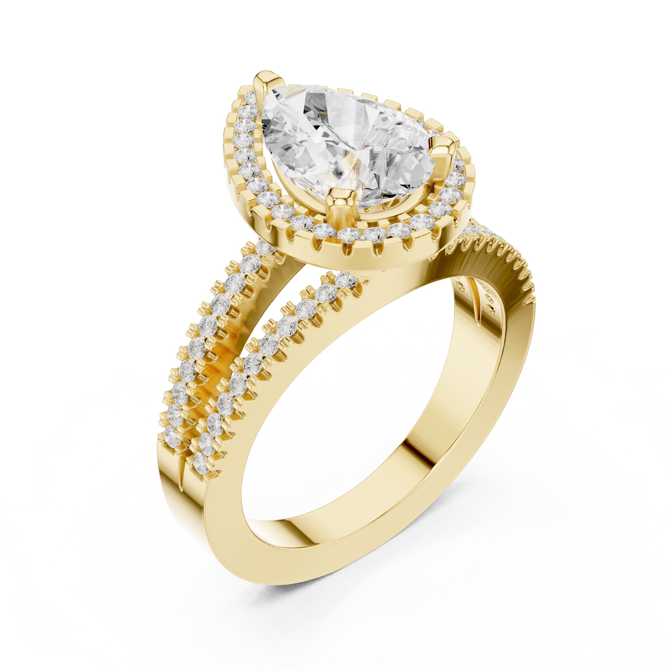 1.81 ct Pear Diamond Split-Shank Halo Ring 1.81ct Yellow Gold