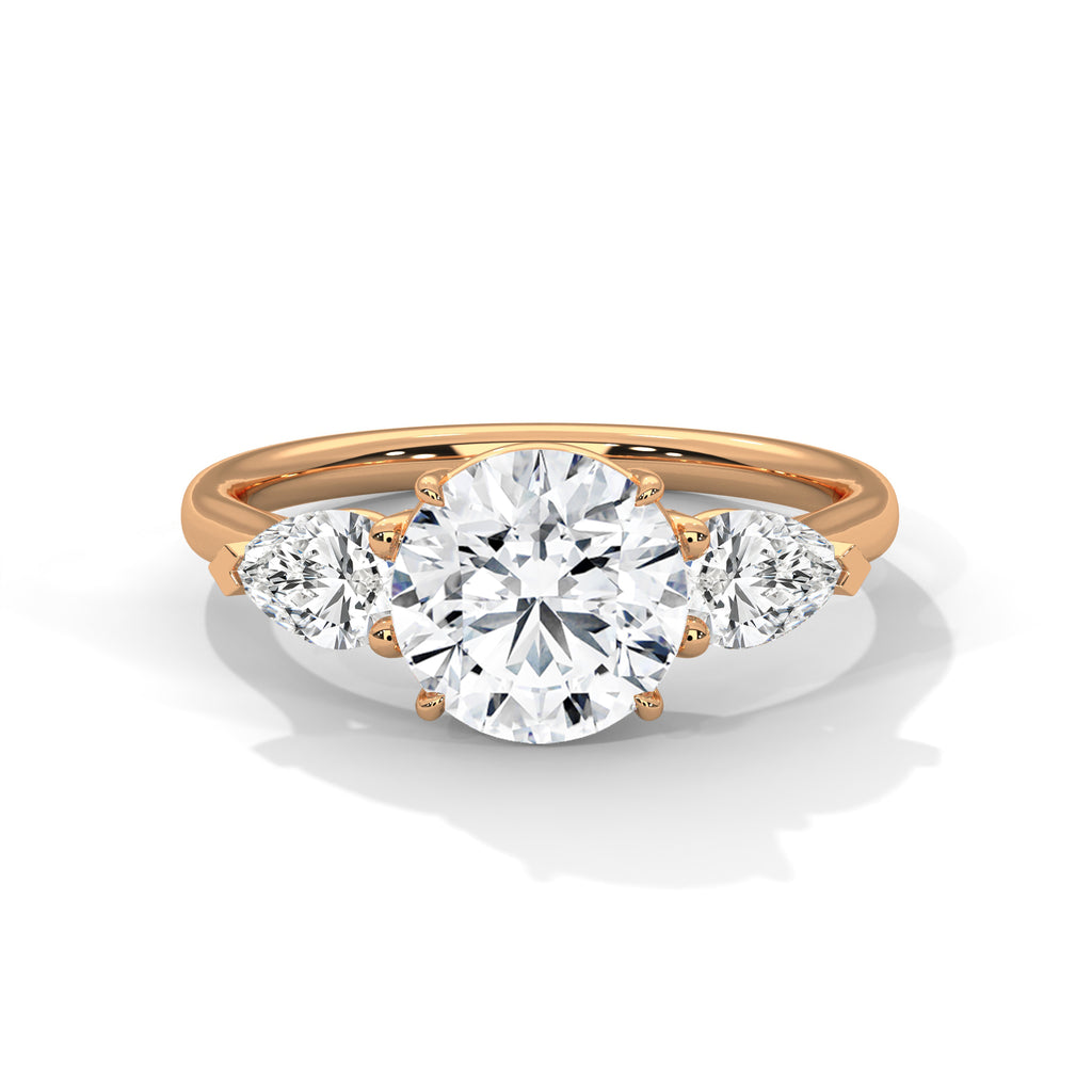 2.00 ct Round Center with Pear Side Stones Ring 2ct Rose Gold