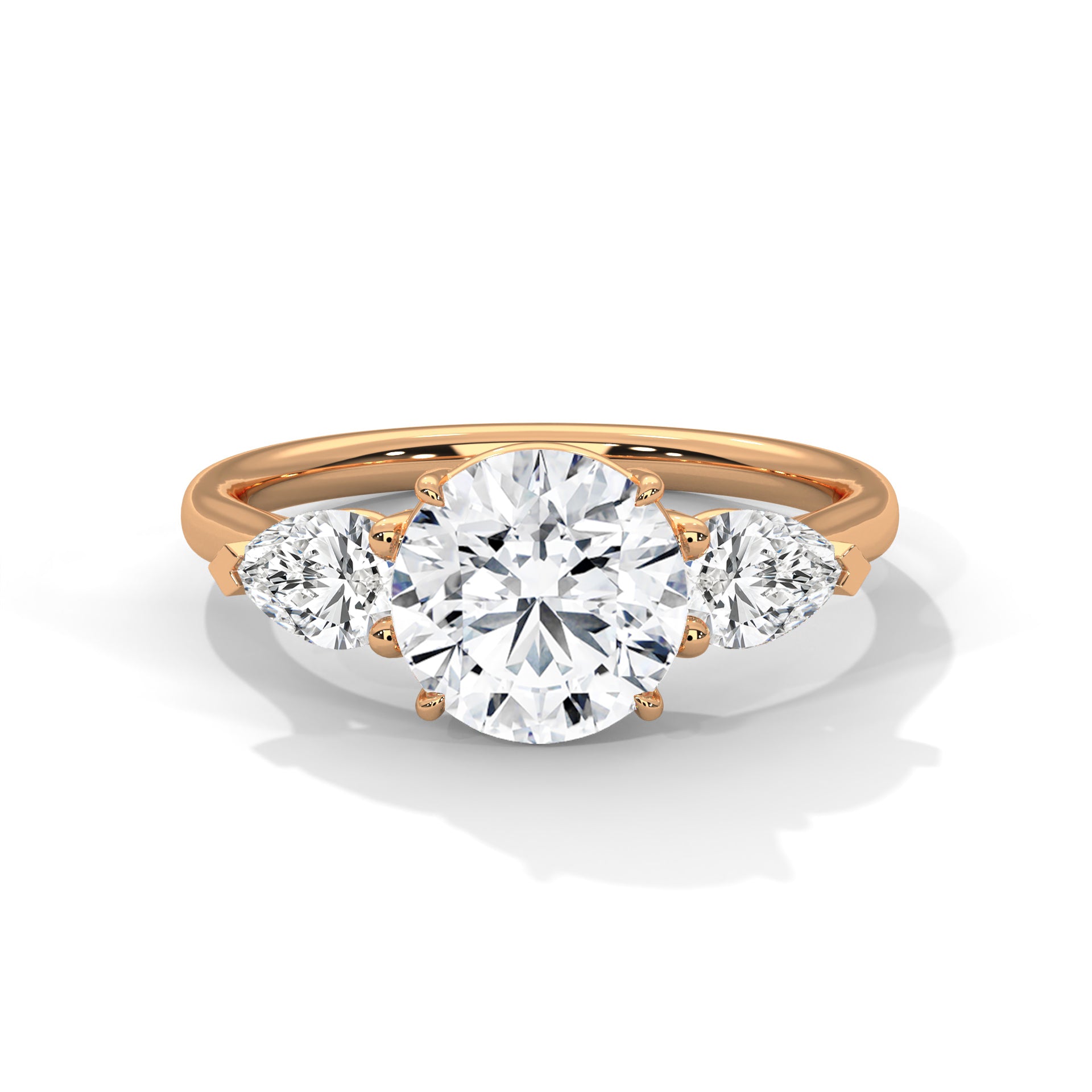 2.00 ct Round Center with Pear Side Stones Ring 2ct Rose Gold