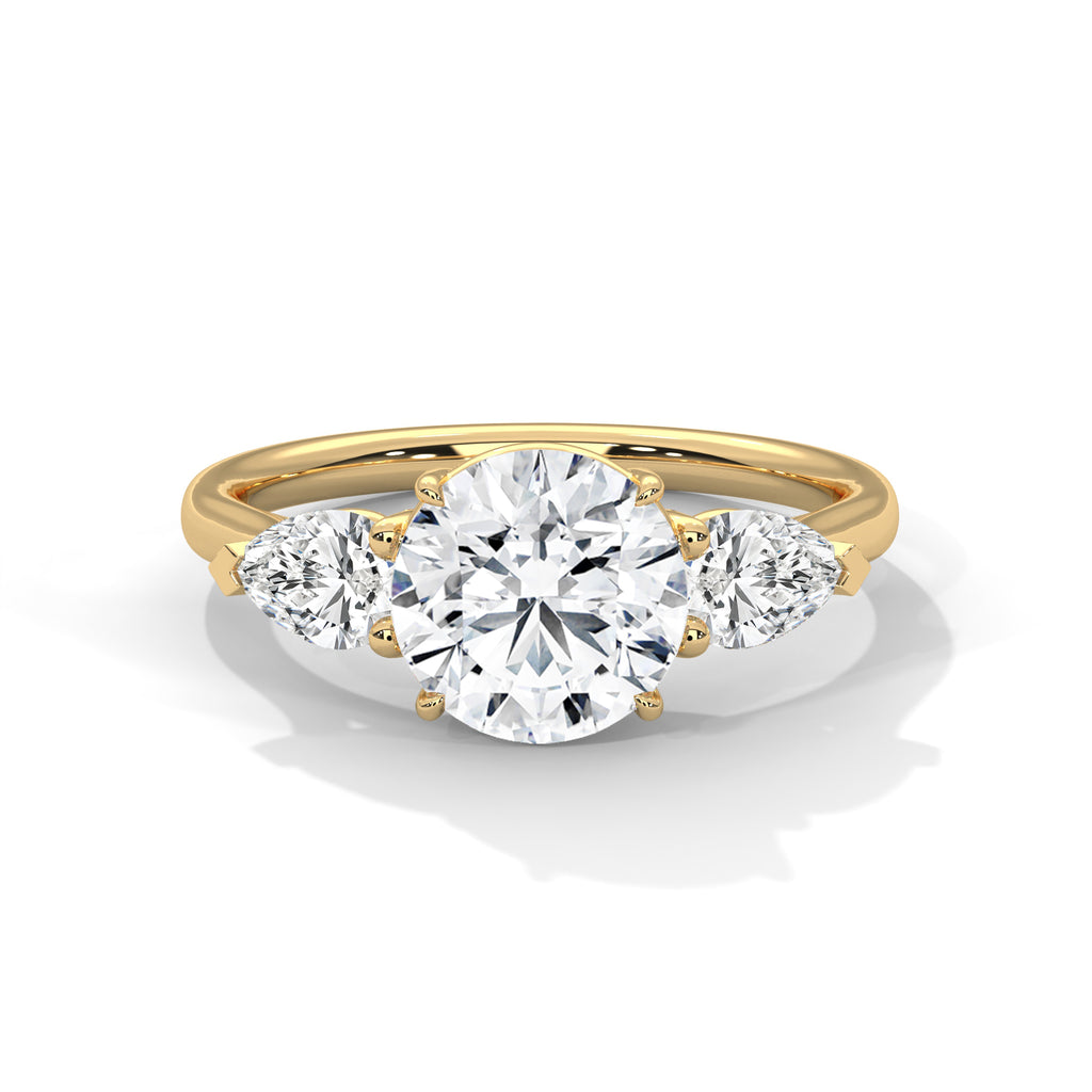 2.00 ct Round Center with Pear Side Stones Ring 2ct Yellow Gold