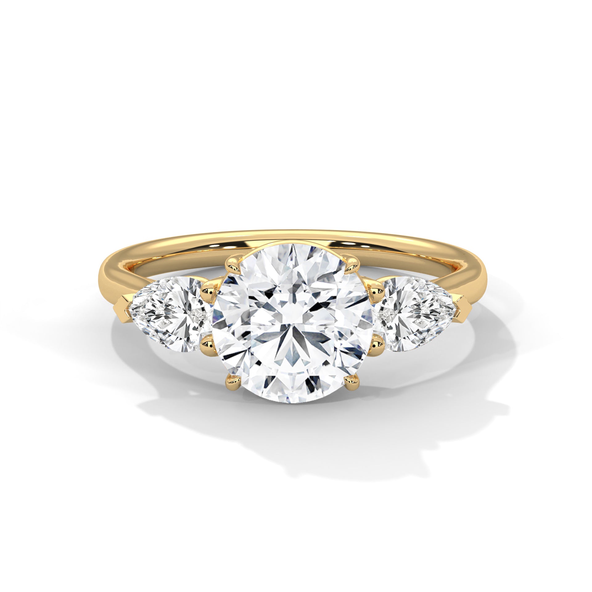 2.00 ct Round Center with Pear Side Stones Ring 2ct Yellow Gold