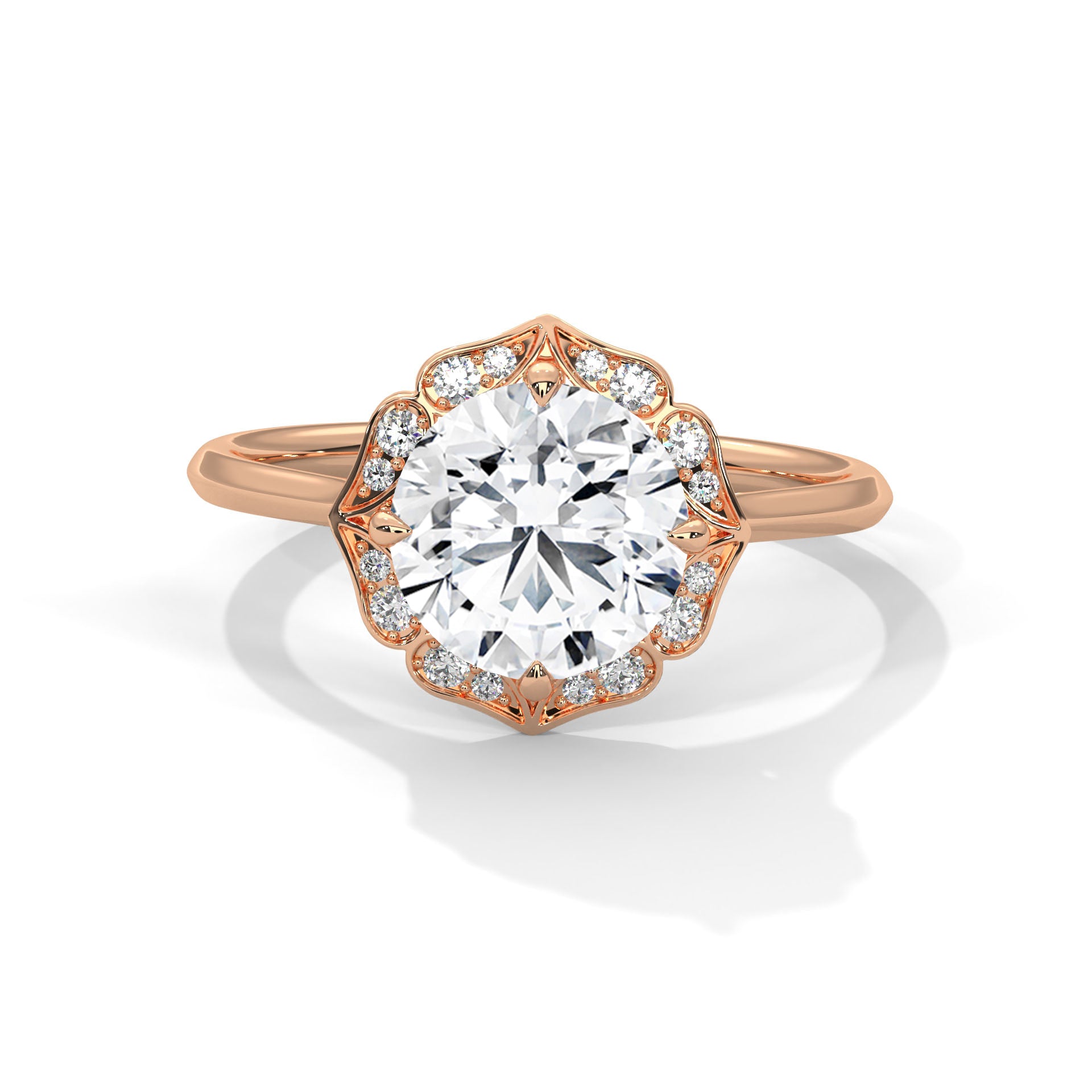 2.00 ct Vintage Style Floral Halo Round Diamond Ring 2ct Rose Gold