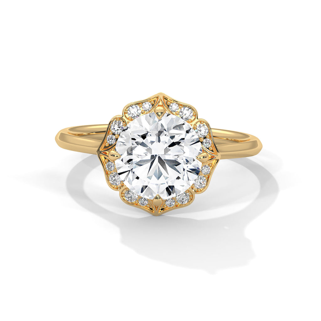 2.00 ct Vintage Style Floral Halo Round Diamond Ring 2ct Yellow Gold