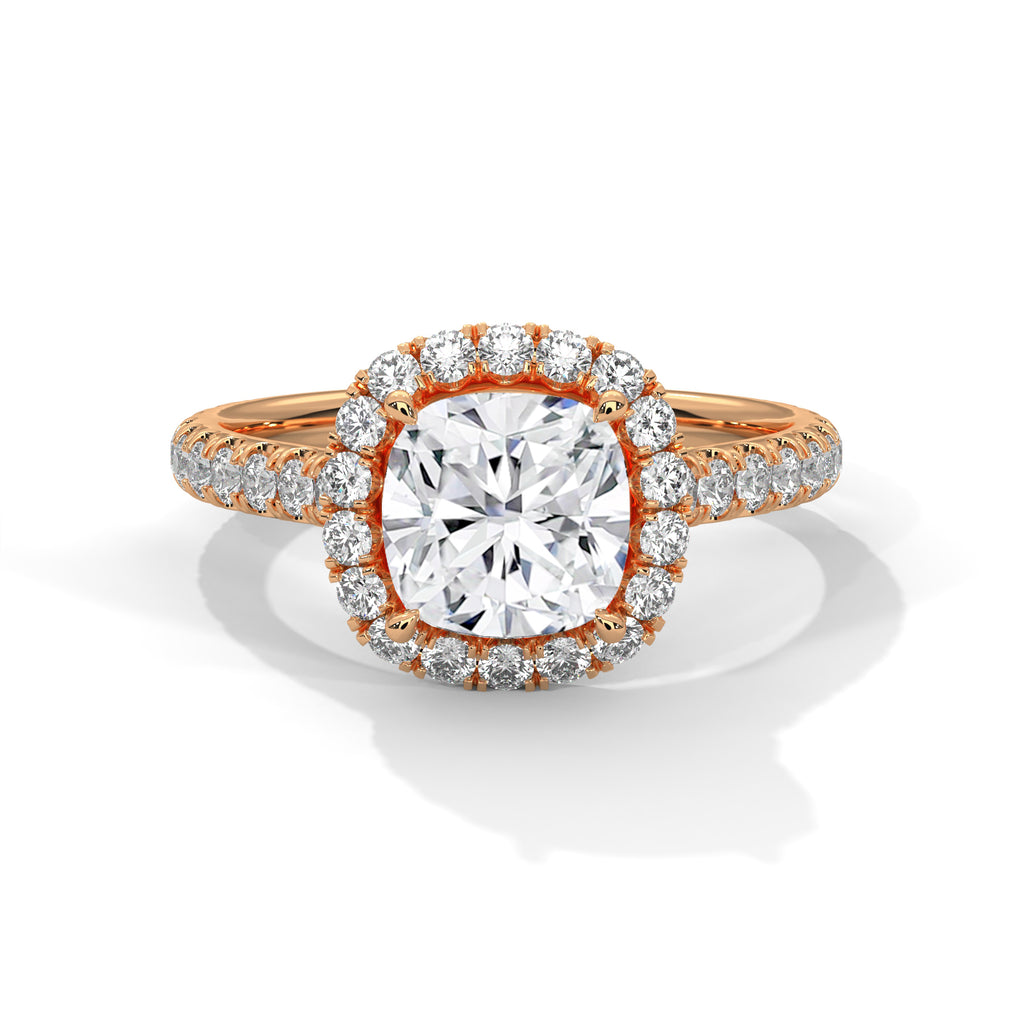 2.00 ct Cushion Opulent Designer Halo Ring 2ct Rose Gold